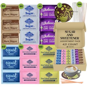 Paquete variado de paquetes de azúcar y edulcorantes 420 unidades de edulcorantes (180 quilates), azúcar, (140 quilates), agitadores (100 quilates) Paquete variado de paquetes de azúcar y edulcorantes 420 unidades de edulcorantes (180 quilates), azúcar, (140 quilates), agitadores (100 quilates)