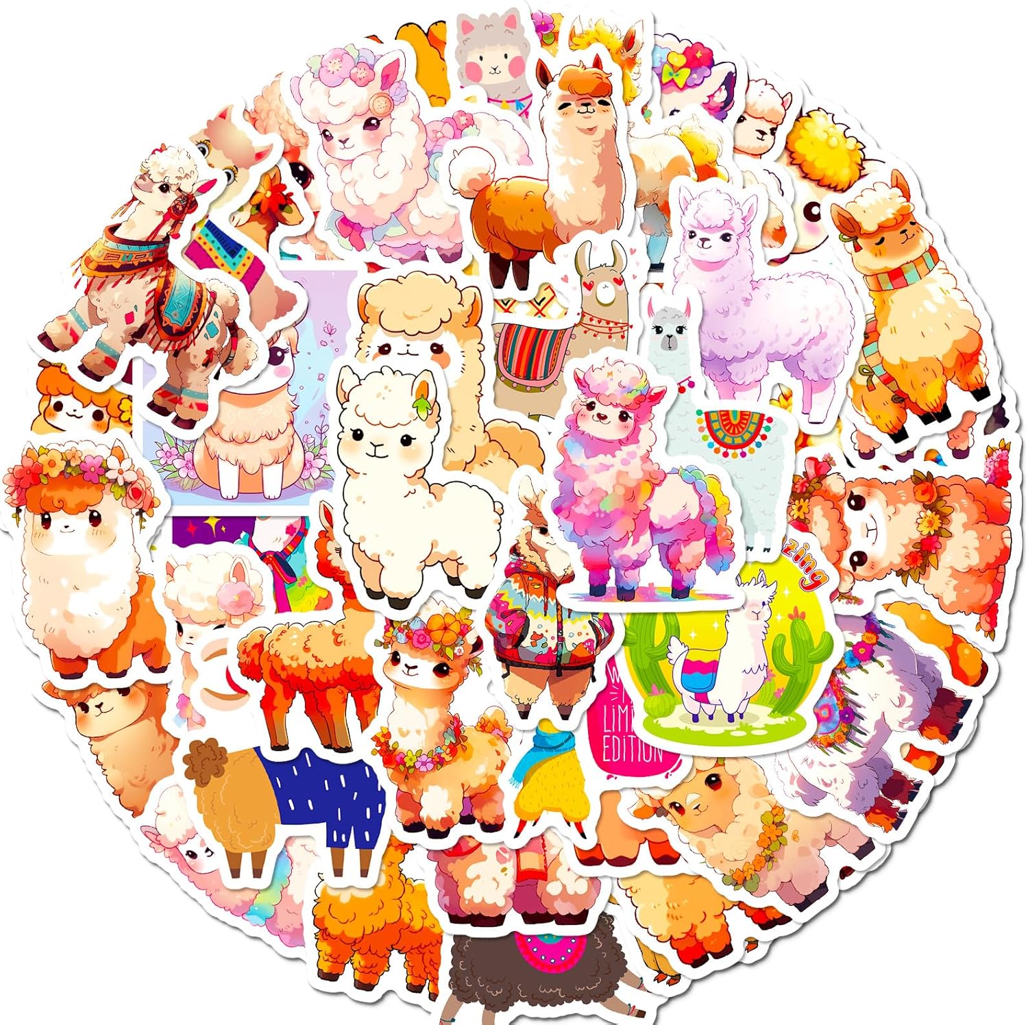 50 calcomanías Kawaii de alpaca para botella de agua, calcomanías de llama de dibujos animados para laptop, hidrofrascos, maleta, bicicleta,