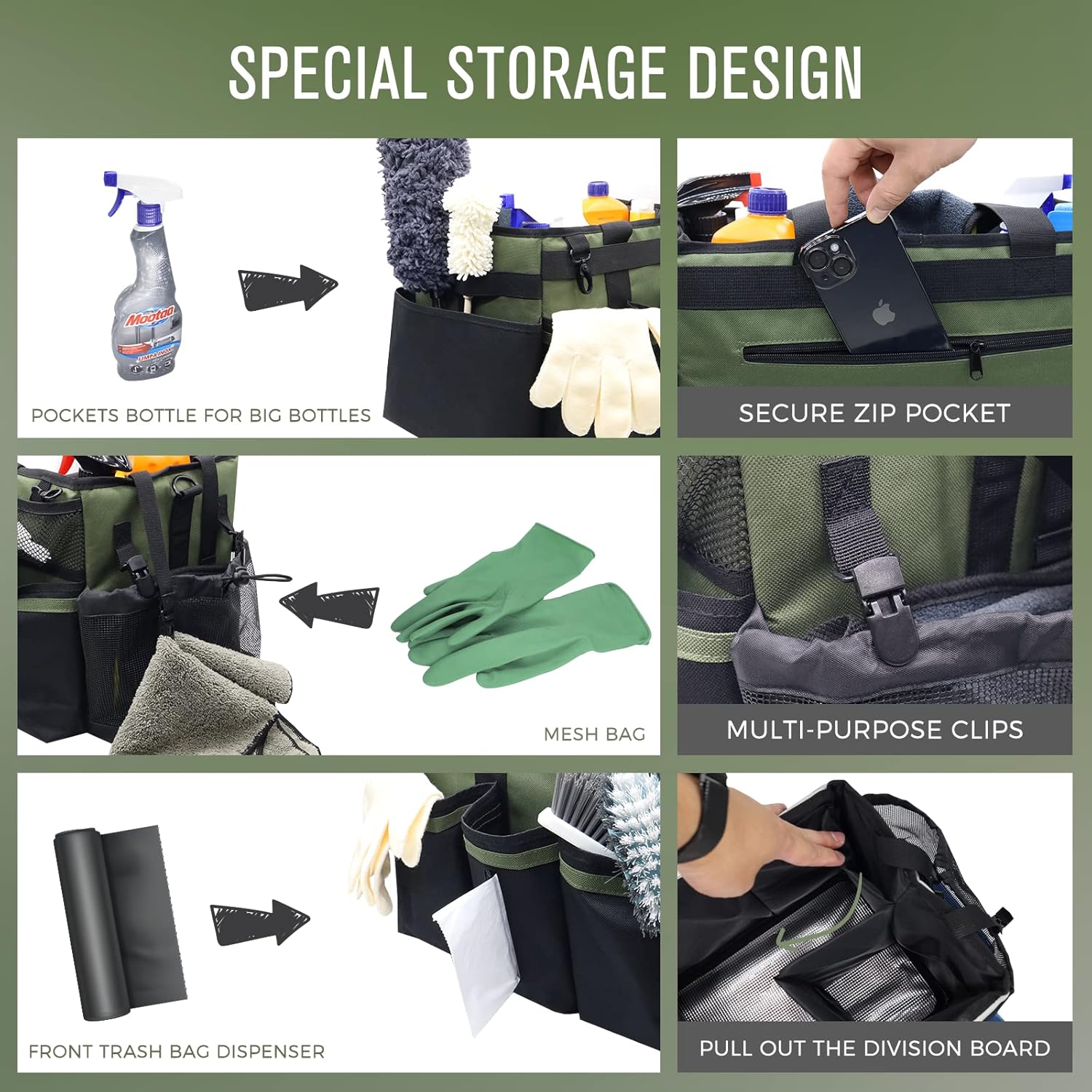 Paquete de 2 bolsas grandes de limpieza portátiles, verde y marrón