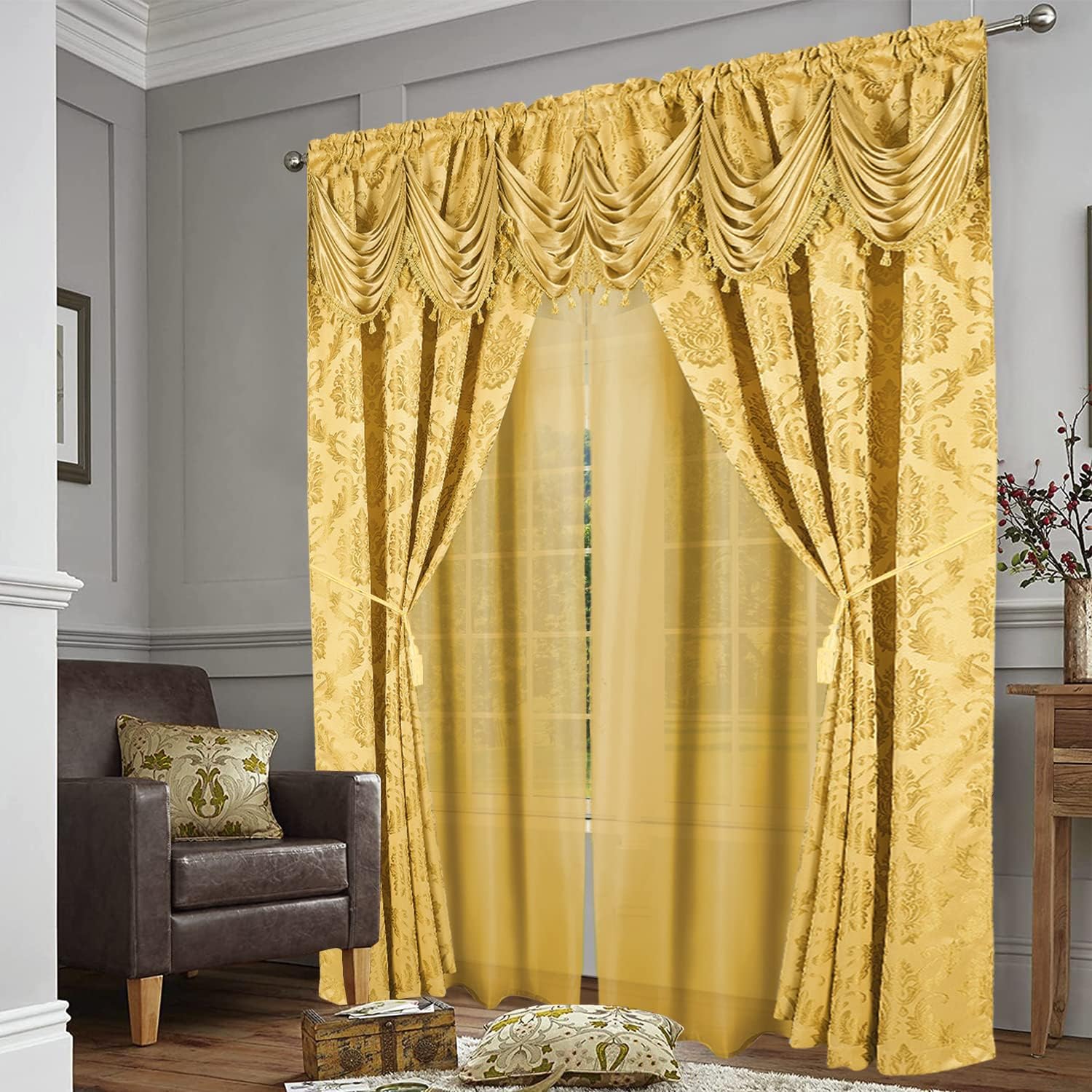 DreamField Linen Juego de 2 paneles de cortinas de jacquard de lujo para ventana, con cenefa adjunta y dos alzapaños, 108 x 84 pulgadas de largo,