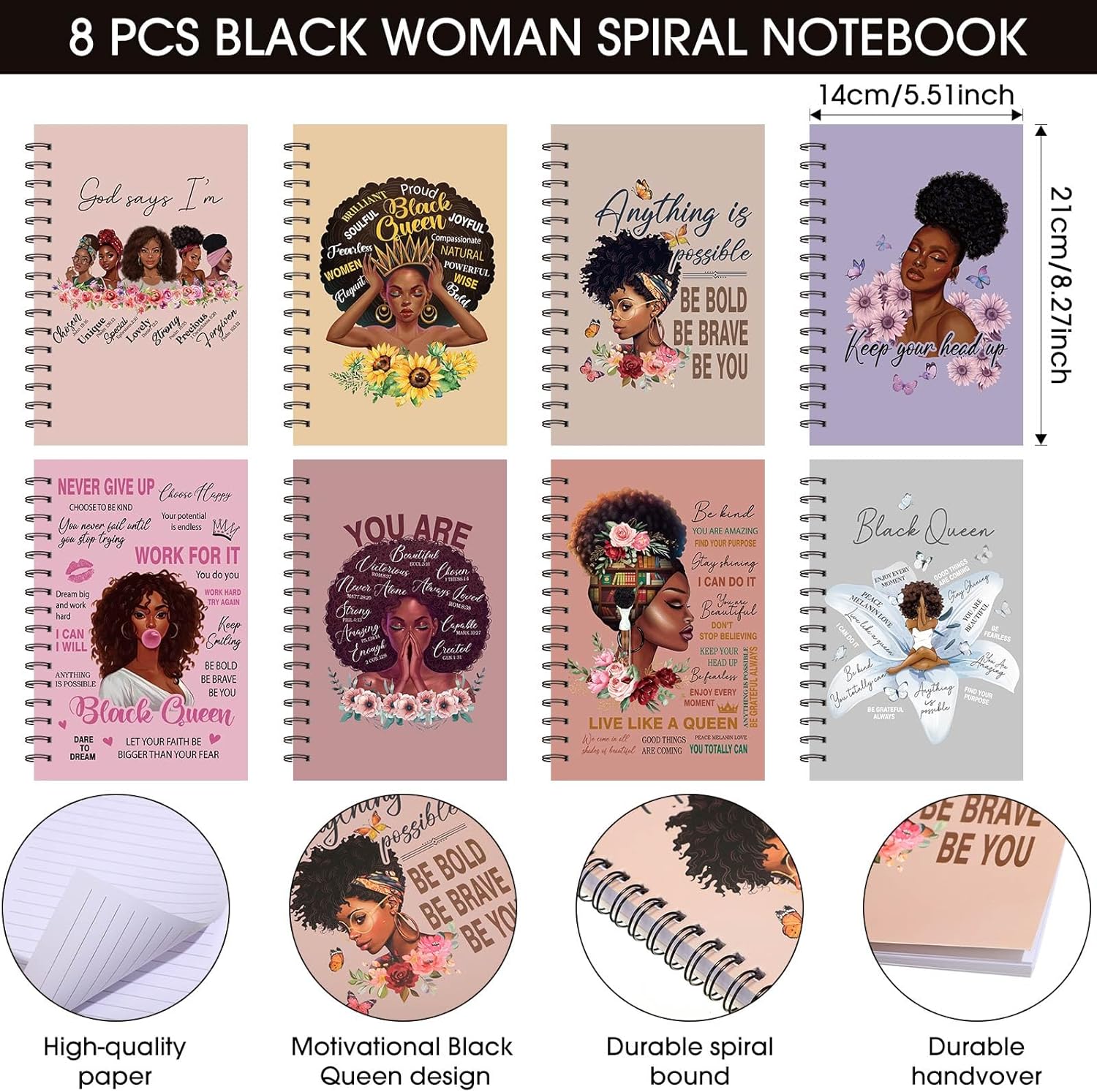 8 cuadernos negros para mujeres, afroamericanos, espirales, motivacionales, para niñas negras, cuaderno de tapa dura inspirador con 8 bolígrafos de