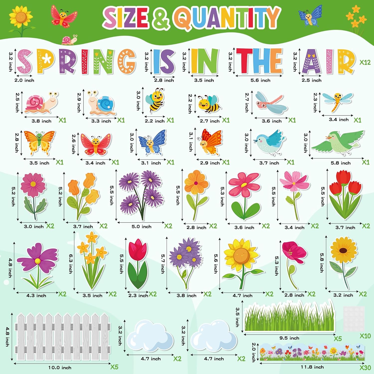 AsodSway 119P Spring is in The Air – Recortes para tablón de anuncios, decoración de aula, flores de primavera, césped, cerca, nube, pájaros,