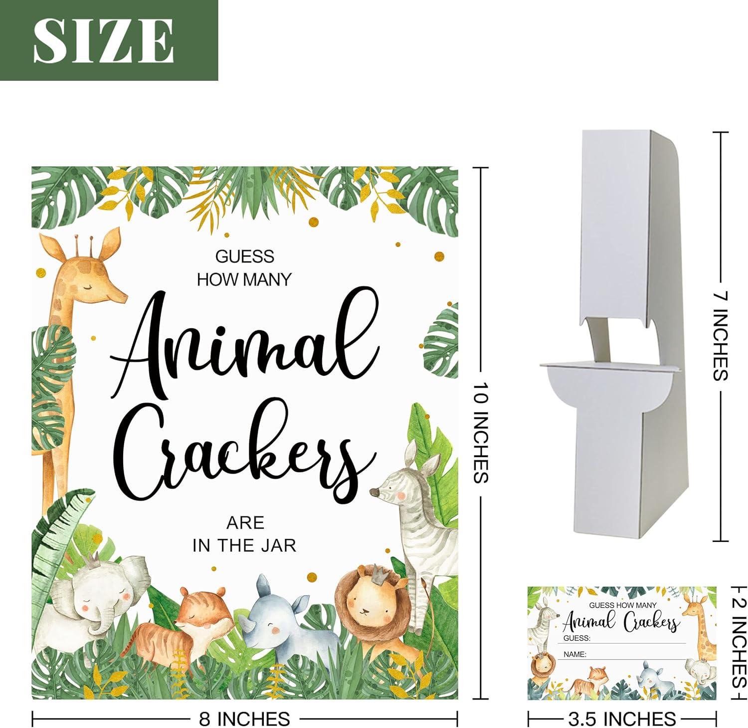 50 juegos de safari para baby shower, Safari Guess How Many Animal Crackers tarjetas de juego con letrero, juegos de baby shower en la selva,