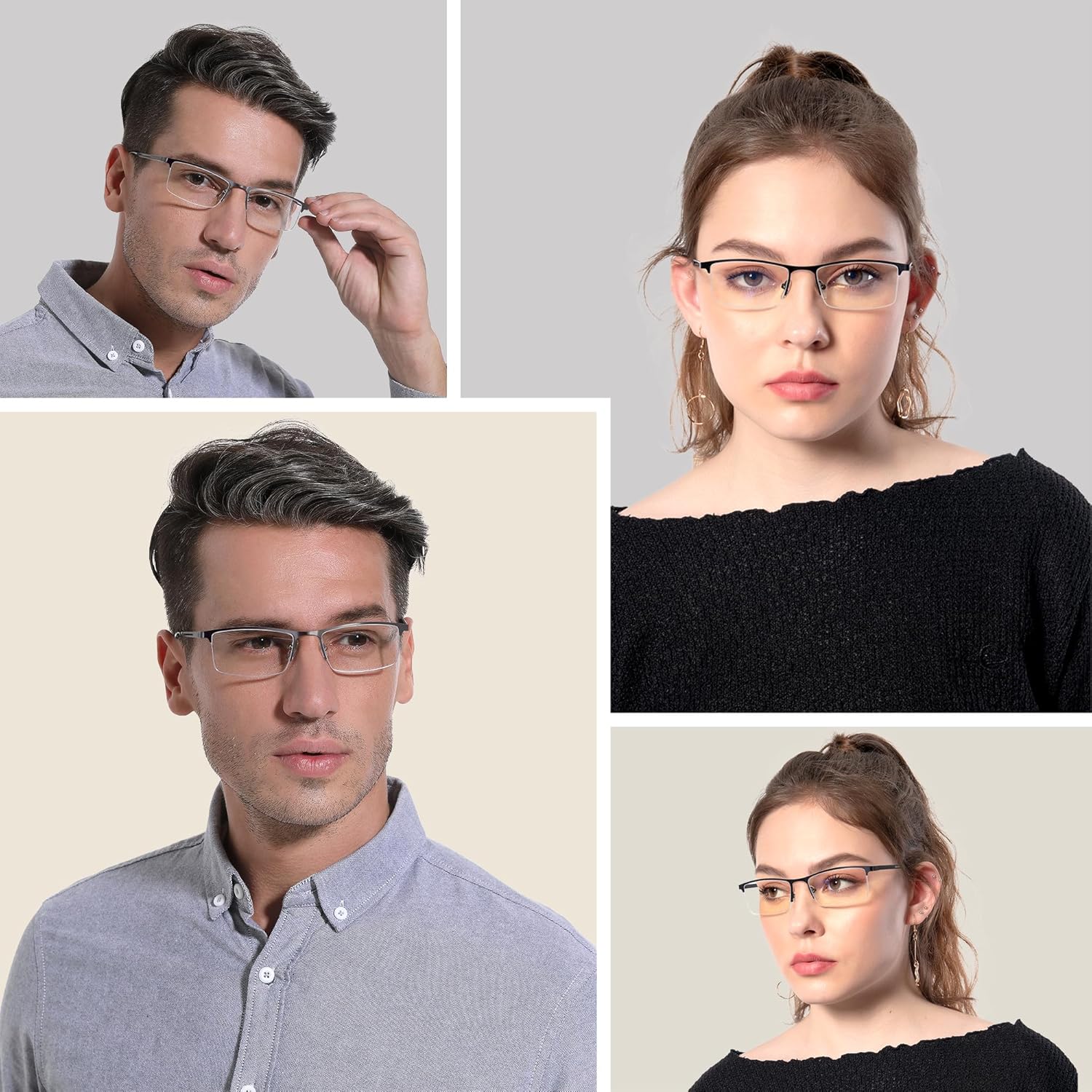 Gafas de lectura con luz azul para hombre, lentes de lectura de medio marco de metal, bisagra de resorte, lentes transparentes con bolsas