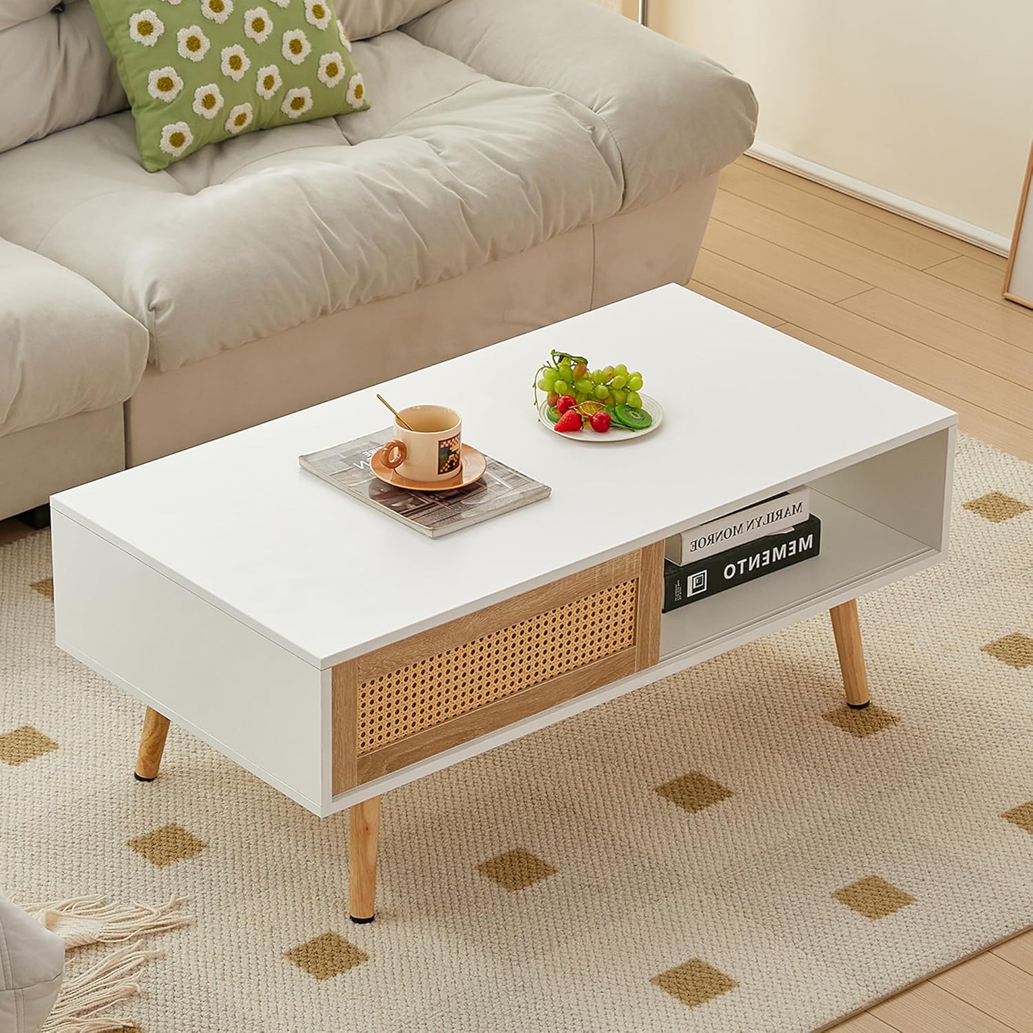 Mesa de centro de ratán para sala de estar, mesas centrales de sofá Mordern blanco, patas de madera maciza, mesa central rectangular para