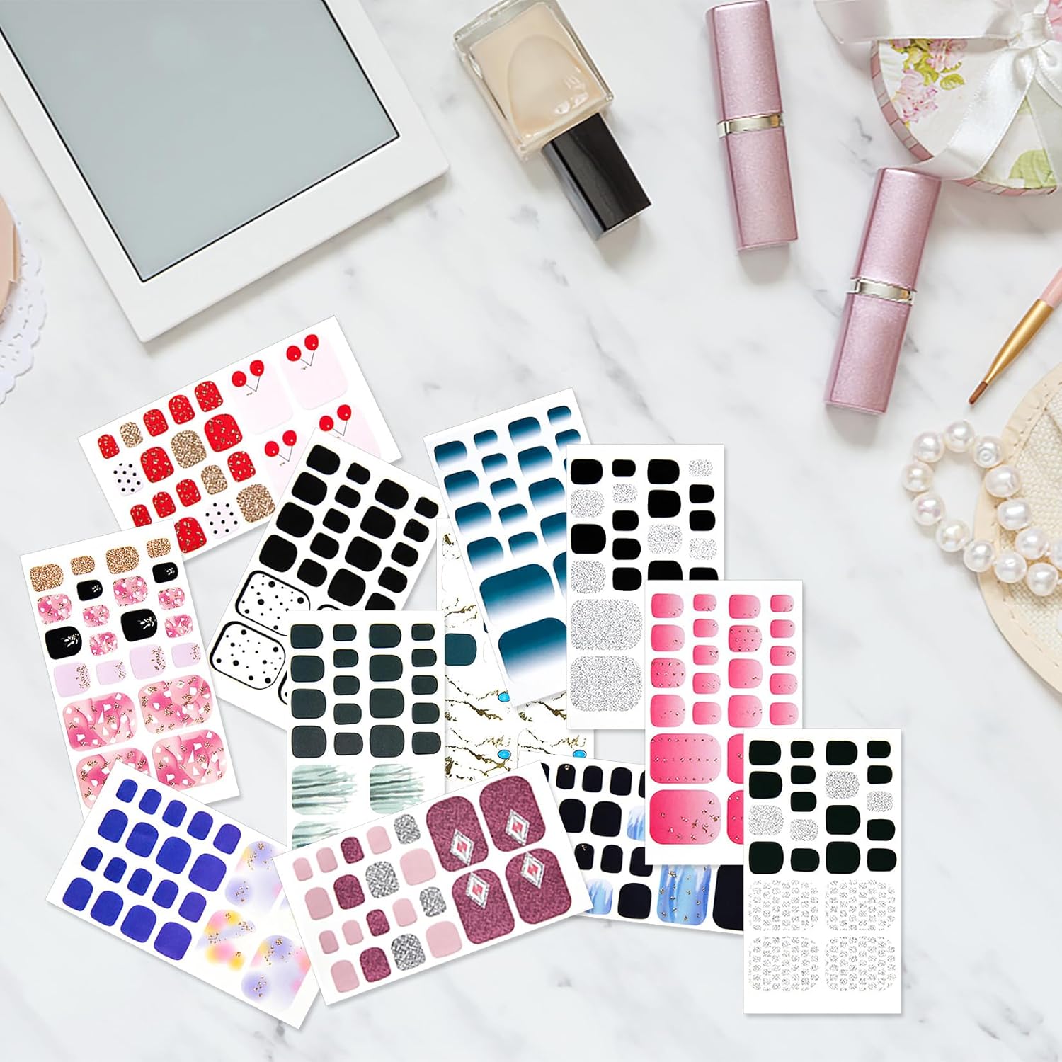 20 hojas de 440 calcomanías autoadhesivas de esmalte de uñas para mujeres y niñas, calcomanías de uñas degradadas con purpurina para uñas de gel