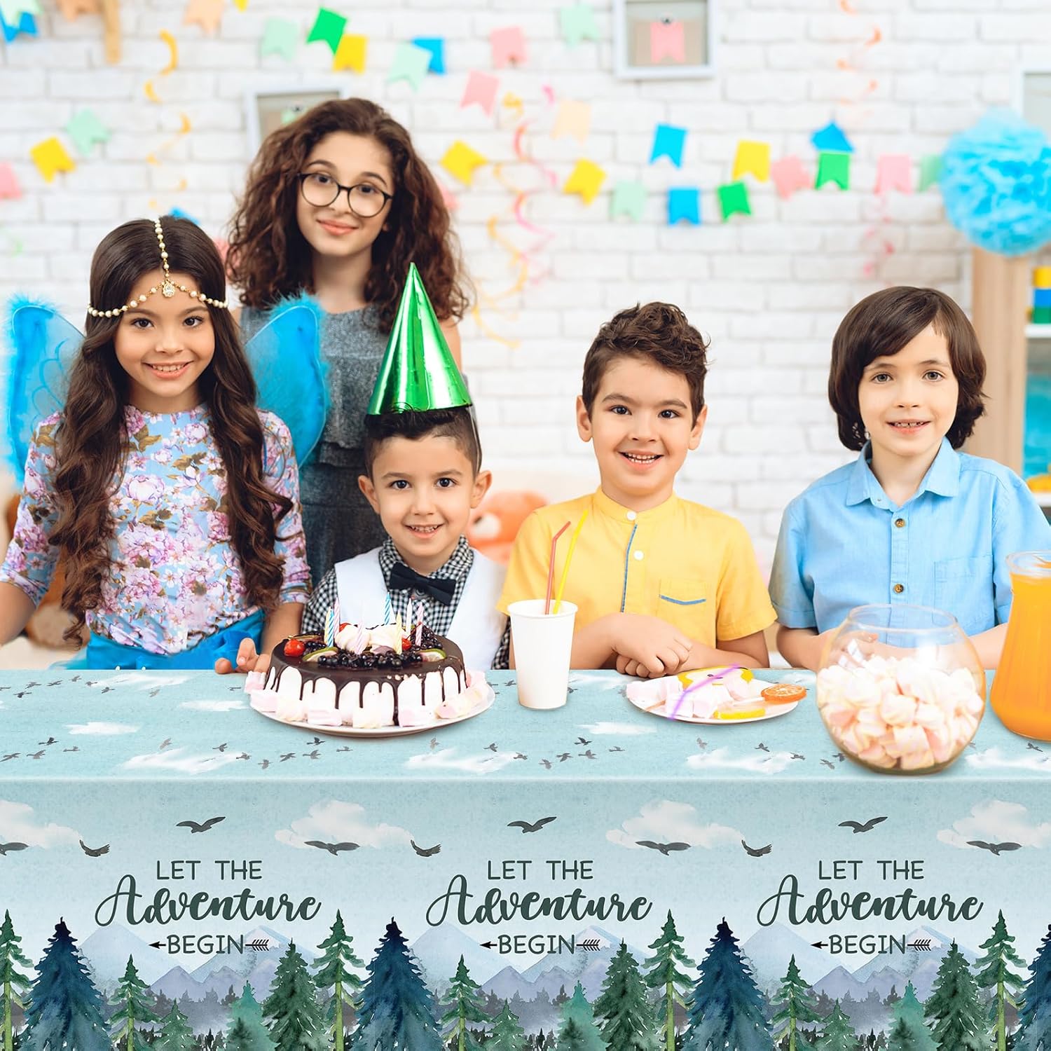 Mantel de 3 piezas con texto en inglés “Adventure Awaits Let The Adventure Begin”, mantel rectangular desechable de plástico para baby shower,