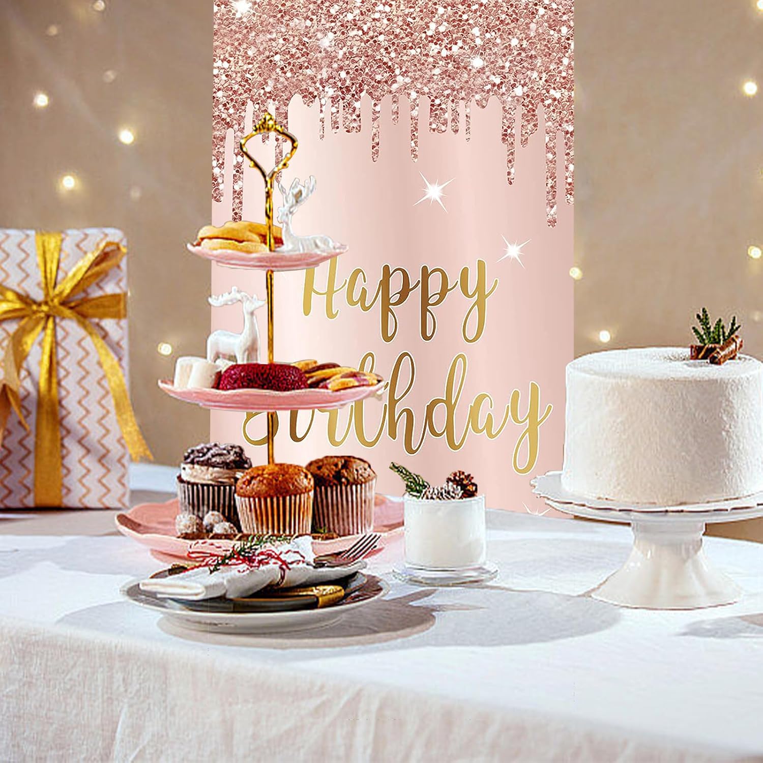 Cartel decorativo de puerta de cumpleaños para mujer, cartel de puerta de telón de fondo, letrero de feliz cumpleaños de oro rosa, suministros de