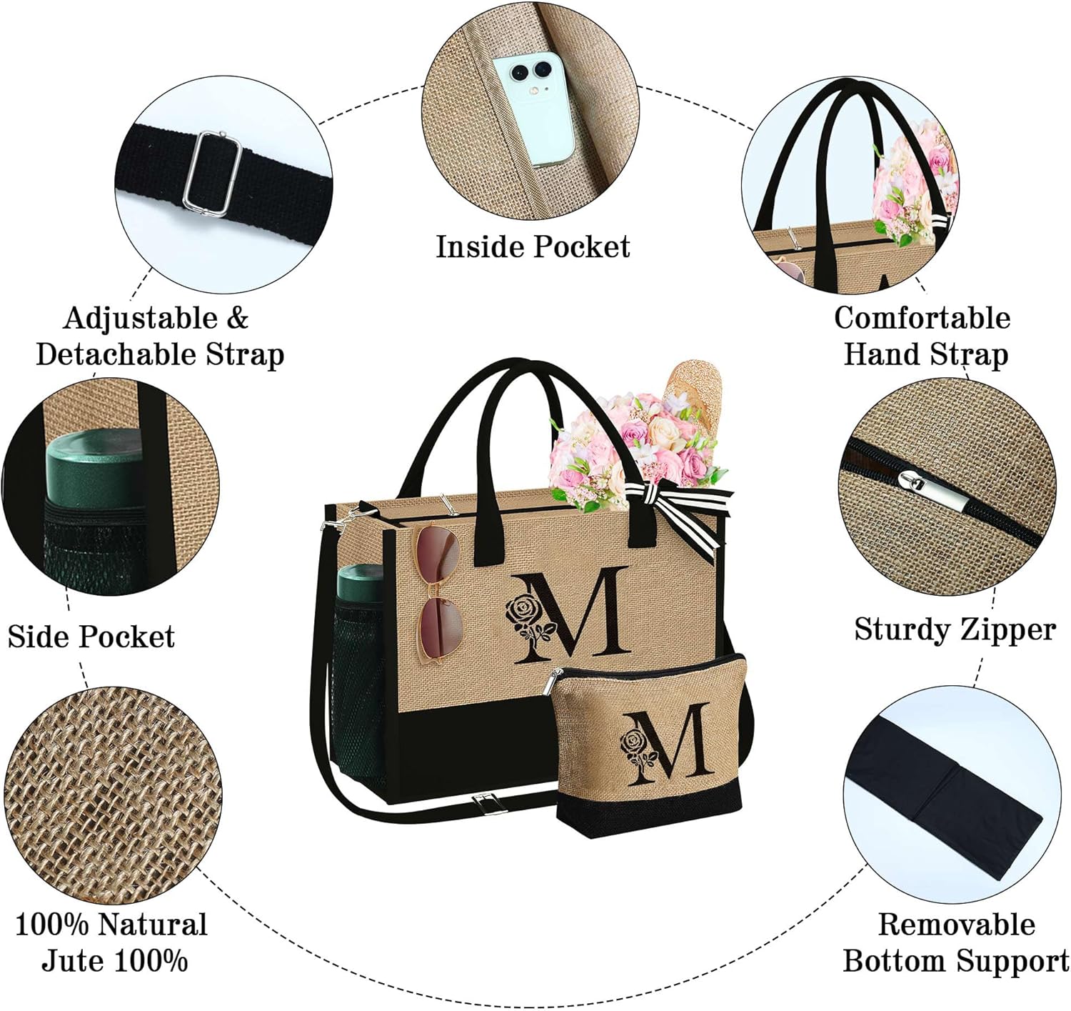 Regalos para el día de la madre bolsa de yute inicial con cremallera, regalos de cumpleaños personalizados para mujeres, regalo de graduación para