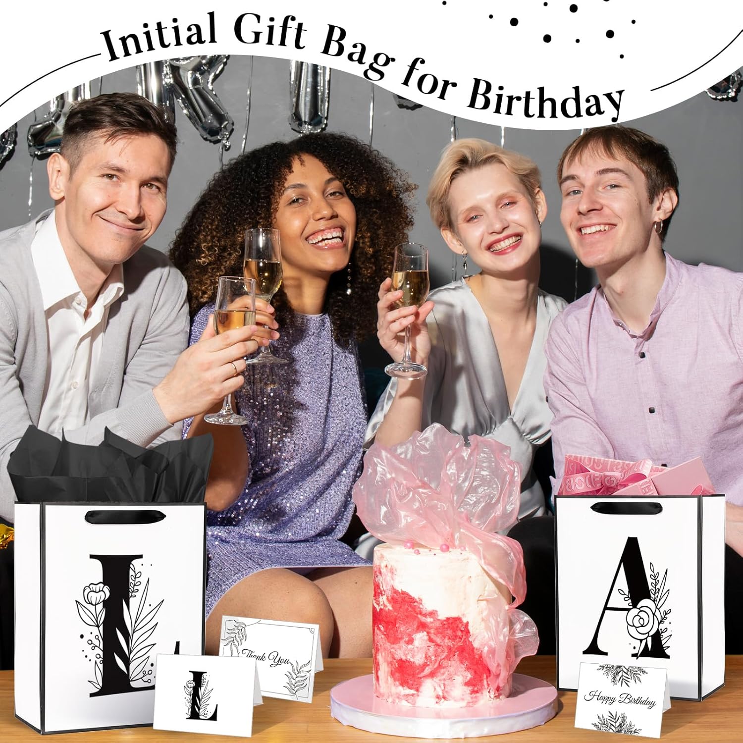 Bolsa de regalo de cumpleaños con letra L con monograma inicial con tarjeta de agradecimiento y papel de regalo para mujeres y hombres, bolsa de