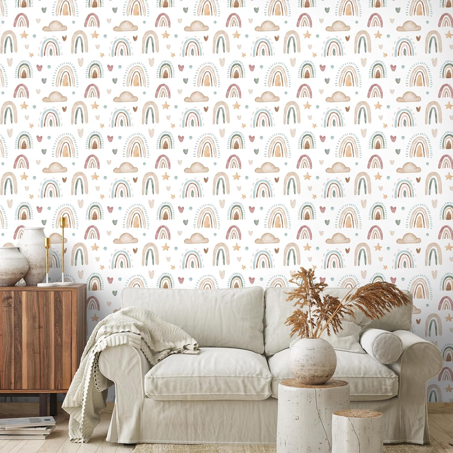 Papel tapiz bohemio con diseño de arco iris, diseño de acuarela, arcoíris, para niños, diseño de nube, corazón, estrella, extraíble, autoadhesivo,