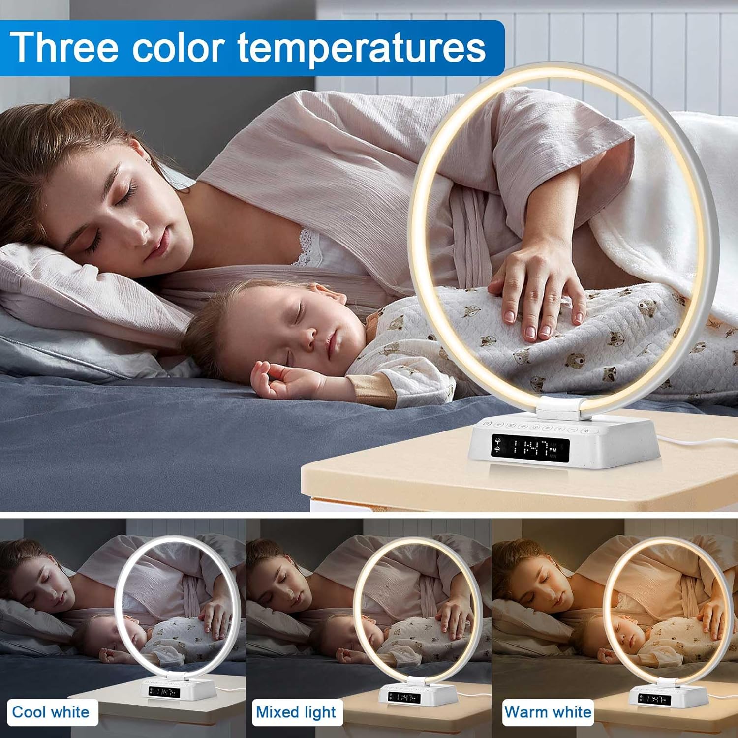 Lámpara de reloj despertador de amanecer, lámpara de mesa de Aureola, lámpara de mesita de noche, ajuste de bioclock, lámpara de escritorio con