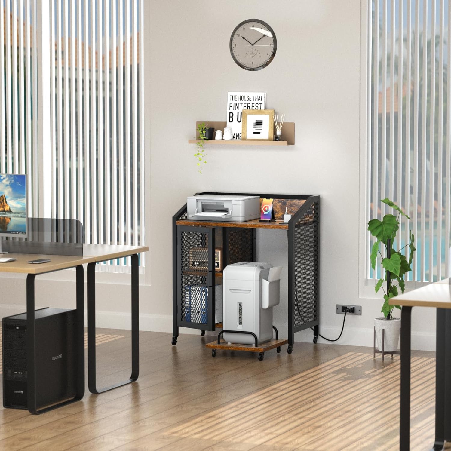 LOWOSA Soportes de impresora para el hogar de 3 niveles con almacenamiento, archivador rodante con estación de carga, mesa de impresora, mesa