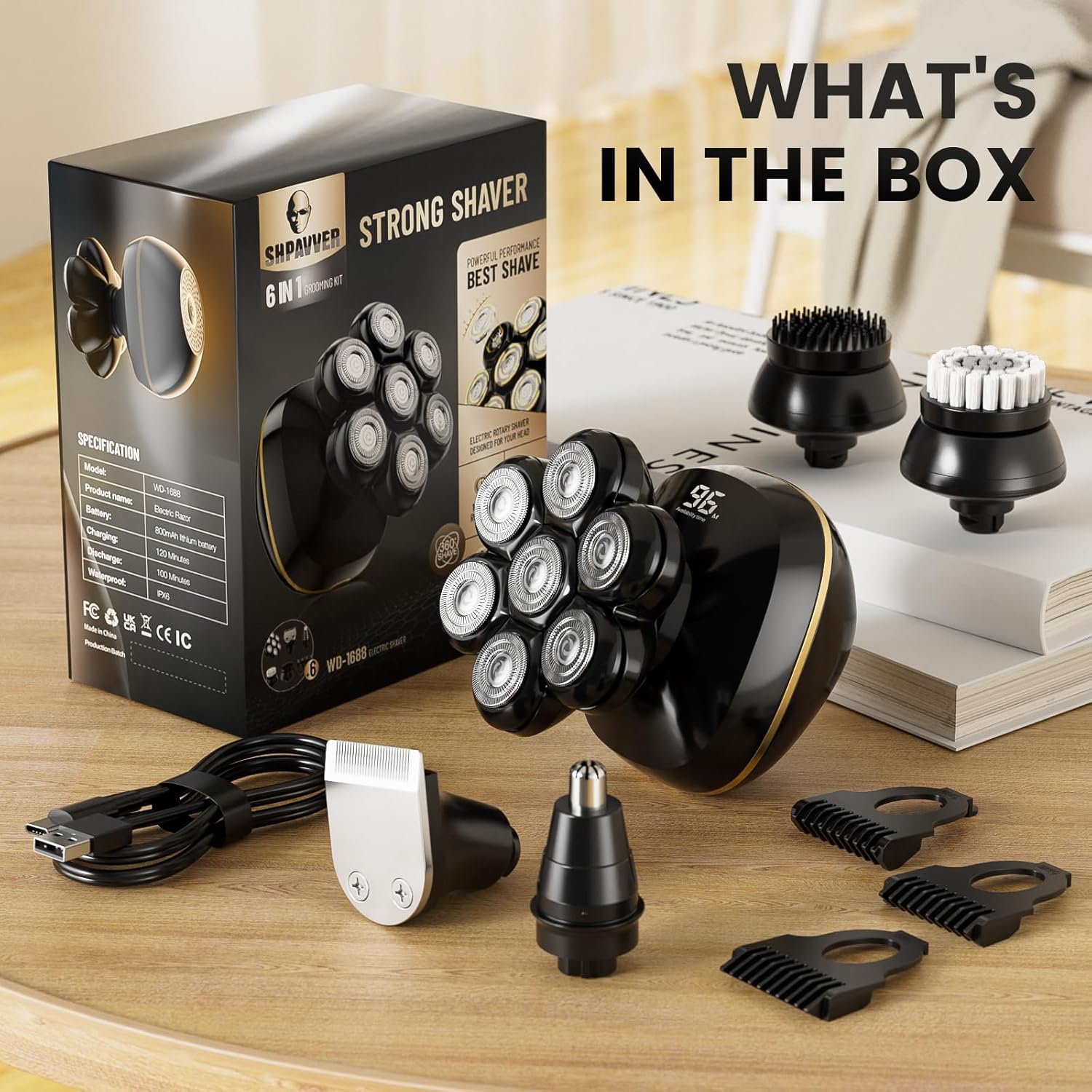 Afeitadoras de cabeza, afeitadoras eléctricas 6 en 1 para hombres calvos, pantalla LED húmedaseca, recargable, 7D, kit de aseo con carga tipo C