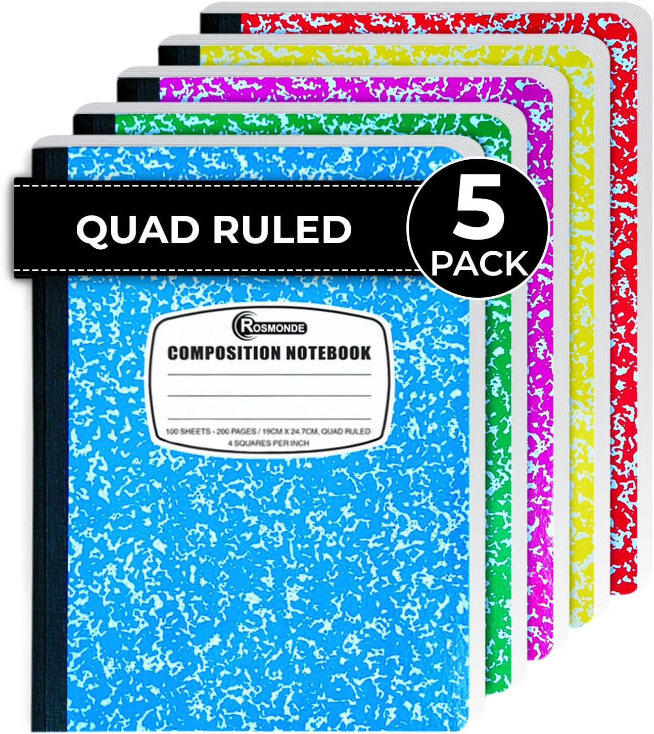 Cuaderno de composición de papel cuadriculado, paquete de 5, 200 páginas (100 hojas), cuaderno de composición a rayas cuádruples, libro de