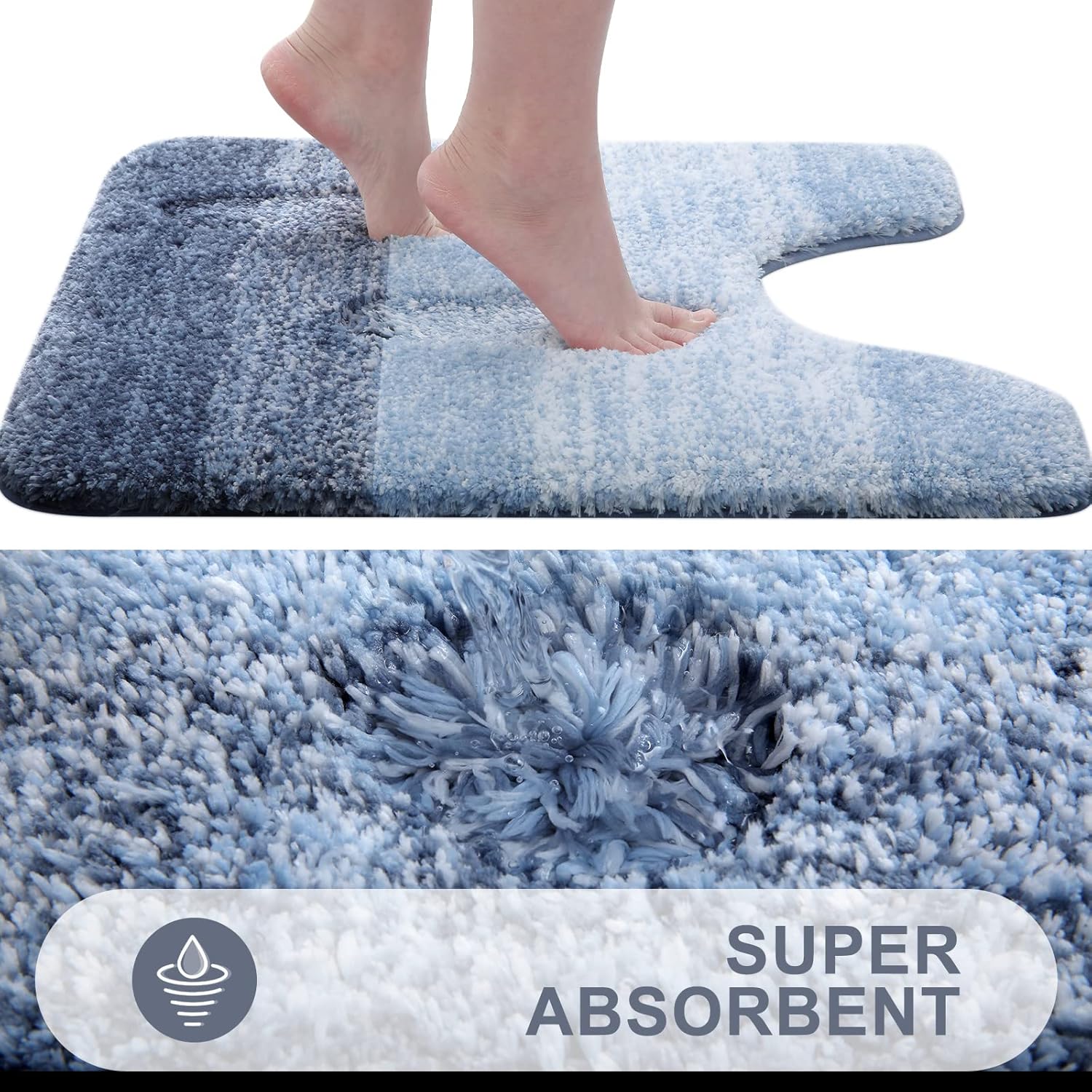 OLANLY Alfombra de baño y aseo en forma de U, tamaño 24 x 20 pulgadas, juego de alfombras de baño de 30 x 20 + 24 x 16 pulgadas, color azul, paquete