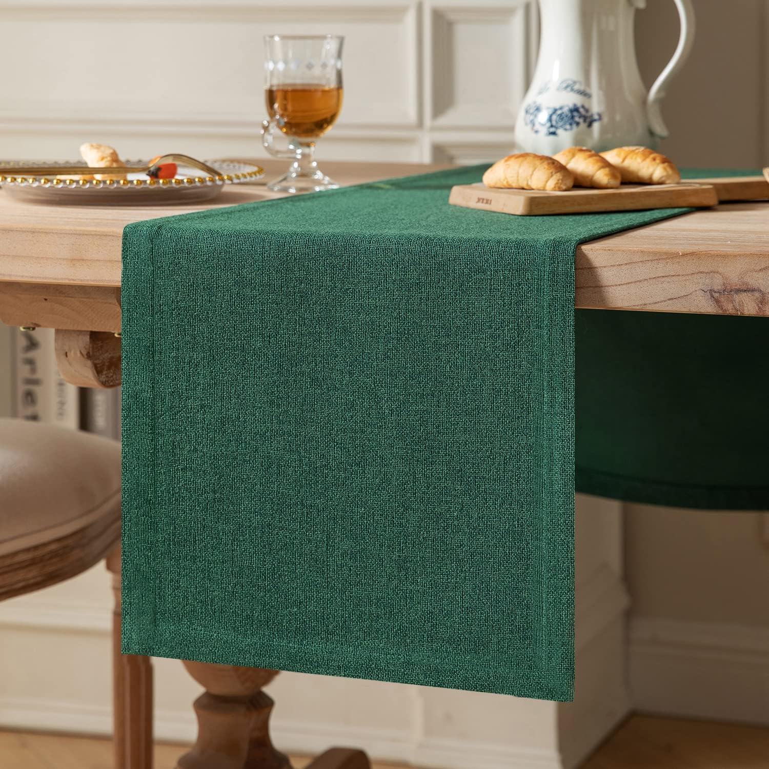 ZeeMart Camino de mesa de arpillera estilo granja de 90 pulgadas de largo, camino de mesa de comedor tejido rústico verde para uso diario, 14 x 90