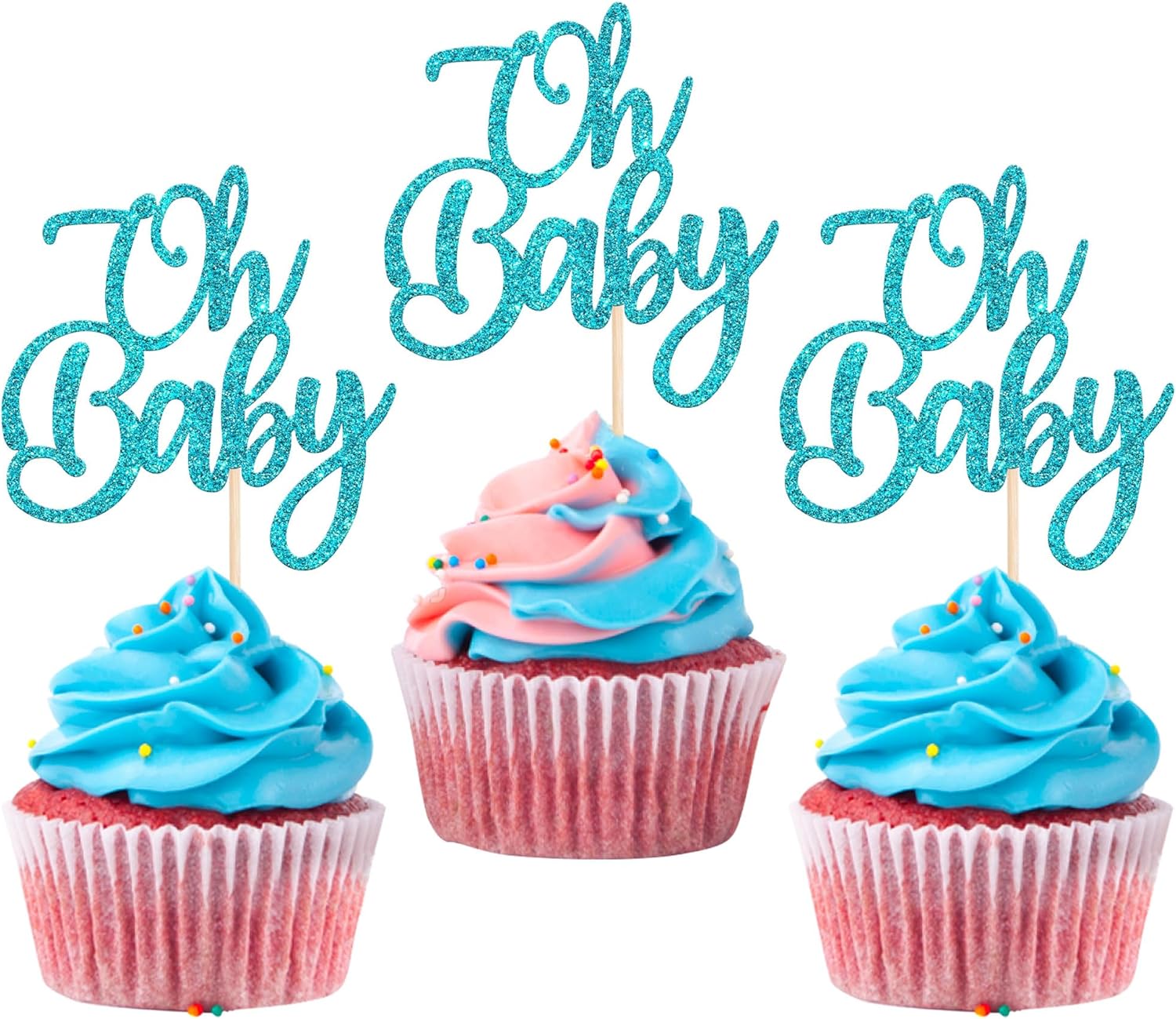 Rsstarxi Paquete de 24 adornos para cupcakes Oh Baby con purpurina para revelación de género, decoración de pasteles de baby shower, decoración para