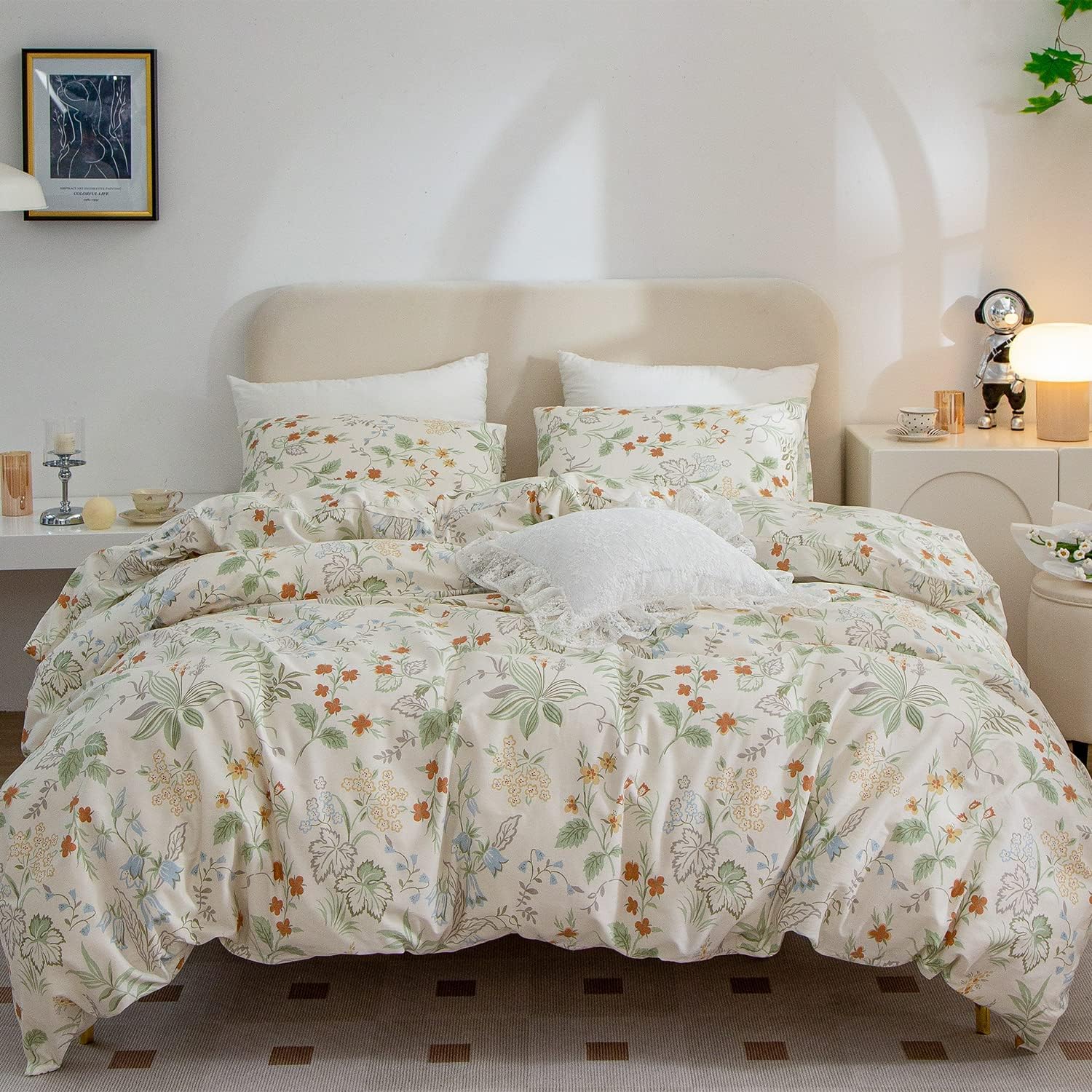 Fundas de edredón florales tamaño Queen, 100% algodón, elegantes juegos de ropa de cama floral tamaño Queen, 3 piezas, hojas de flores verdes y