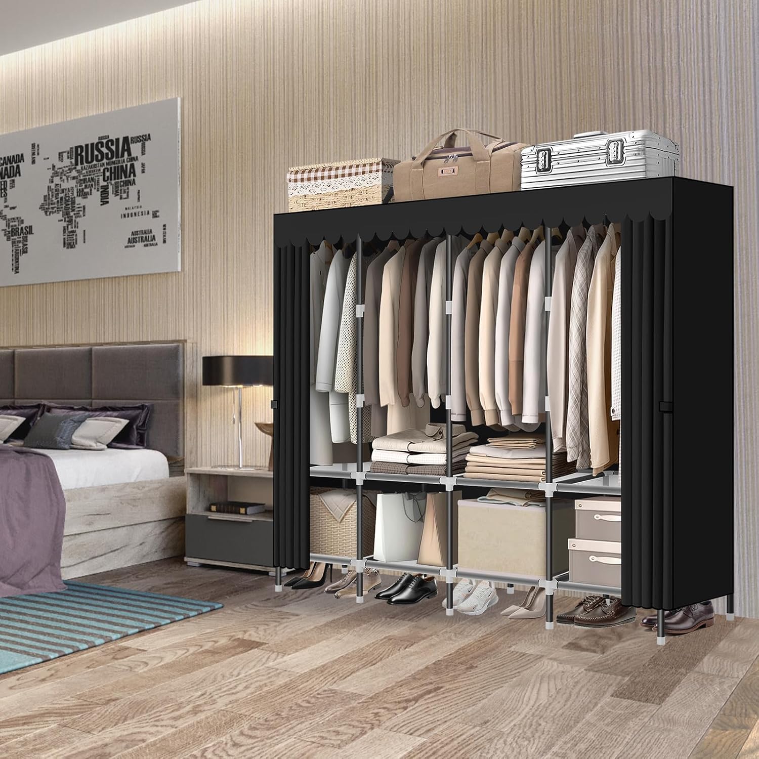 LOKEME Armario portátil negro con cremalleras, 65.4 pulgadas 0.748 in de diámetro, armarios portátiles para colgar ropa, con 4 brazos y armarios de