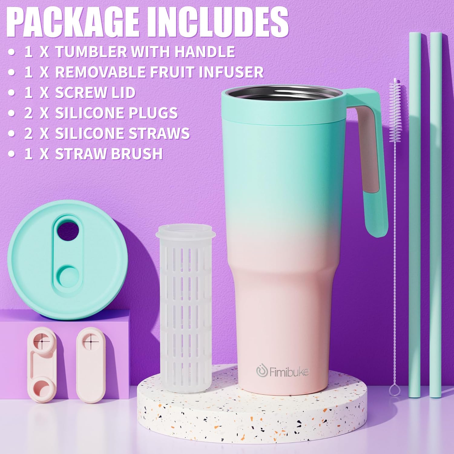 Fimibuke Vaso de 40 onzas con asa e infusor de frutas, taza aislada al vacío de acero inoxidable con tapa y pajilla, botella de infusión de agua,