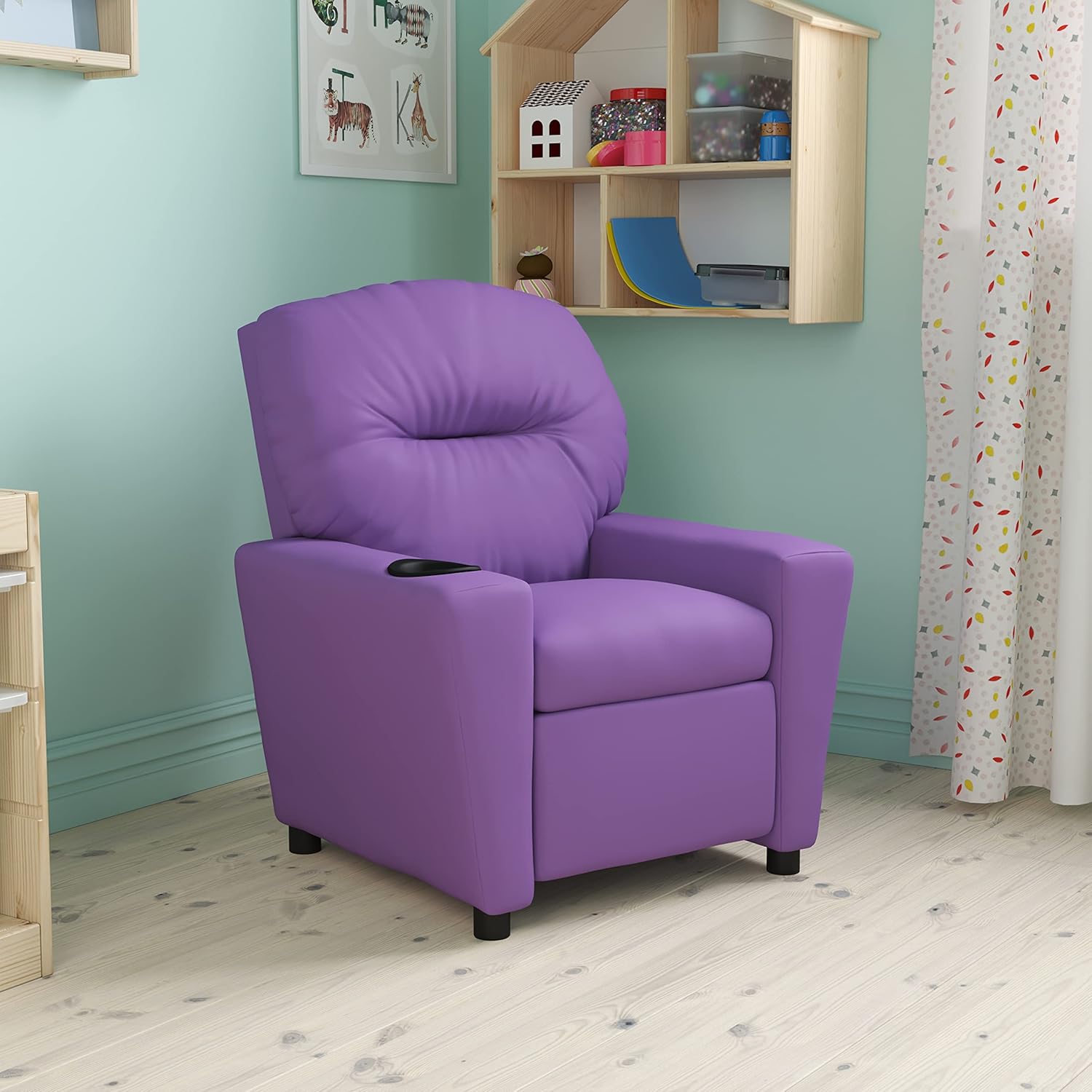 Flash Furniture – Contemporáneo sillón reclinable de vinilo color beige para niños, base para vasos
