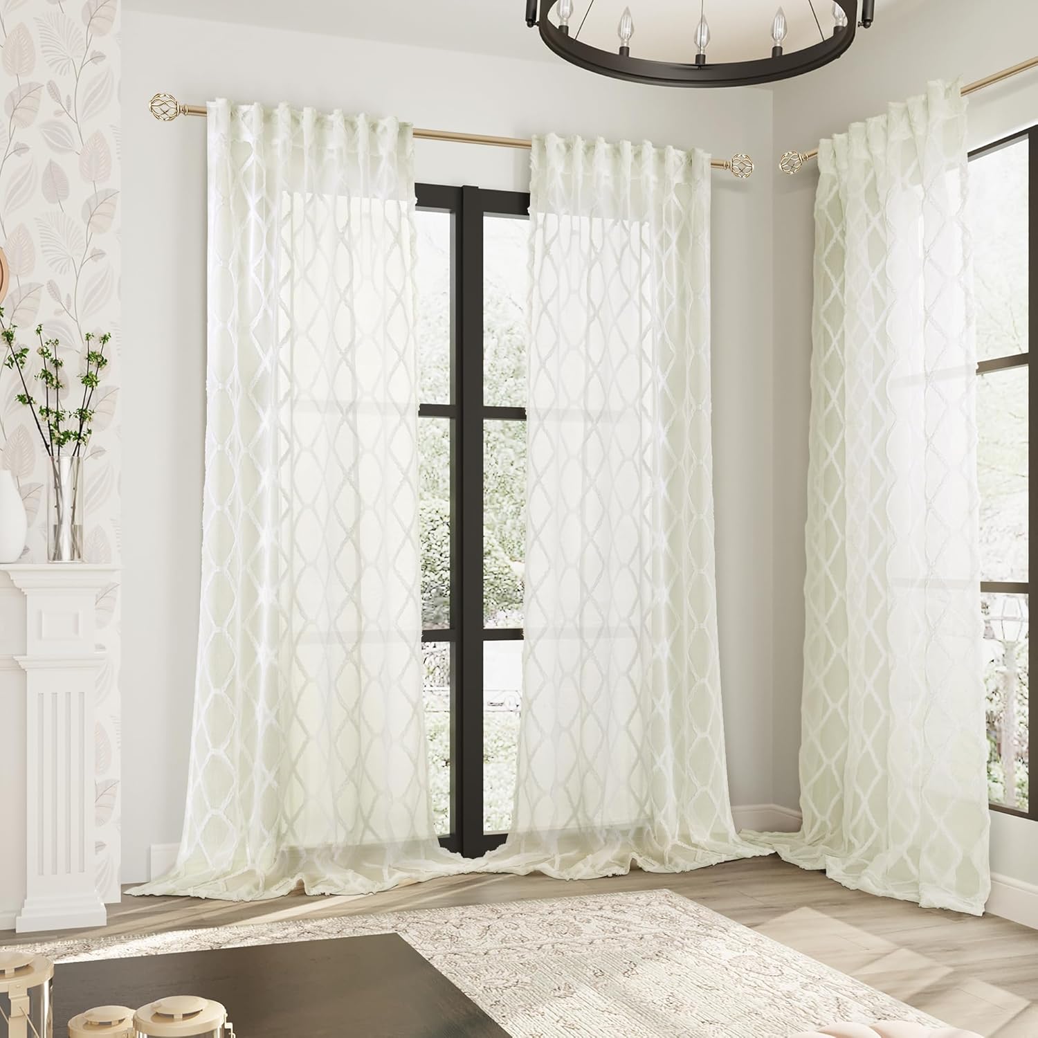 Hokibero 2 paneles de cortinas traslúcidas color crema bohemio de 90 pulgadas de largo para sala de estar, cortinas semitransparentes modernas y