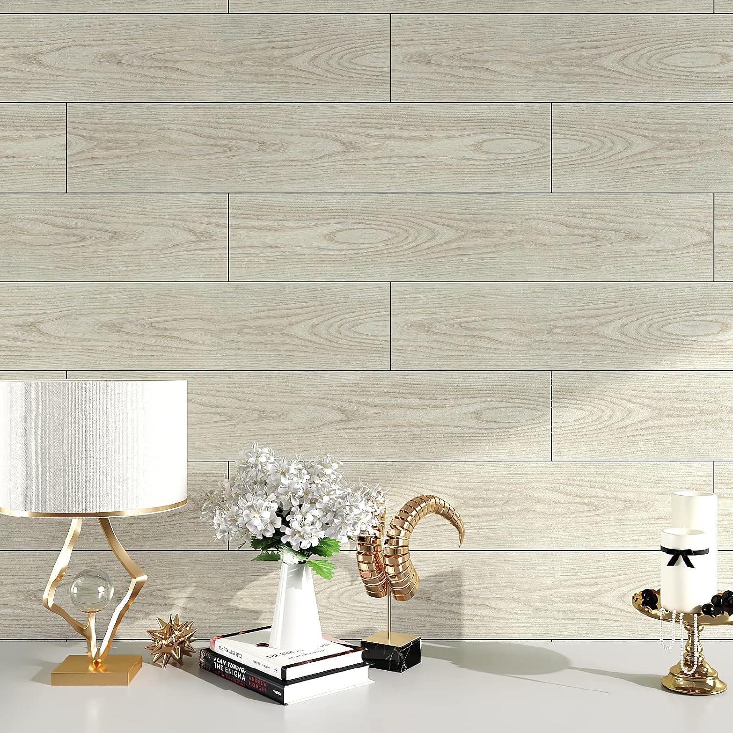 VEELIKE Paquete de 12 pisos de tablones de vinilo de madera gris beige de 6 x 36 pulgadas, azulejos de piso de suelo de madera para despegar y