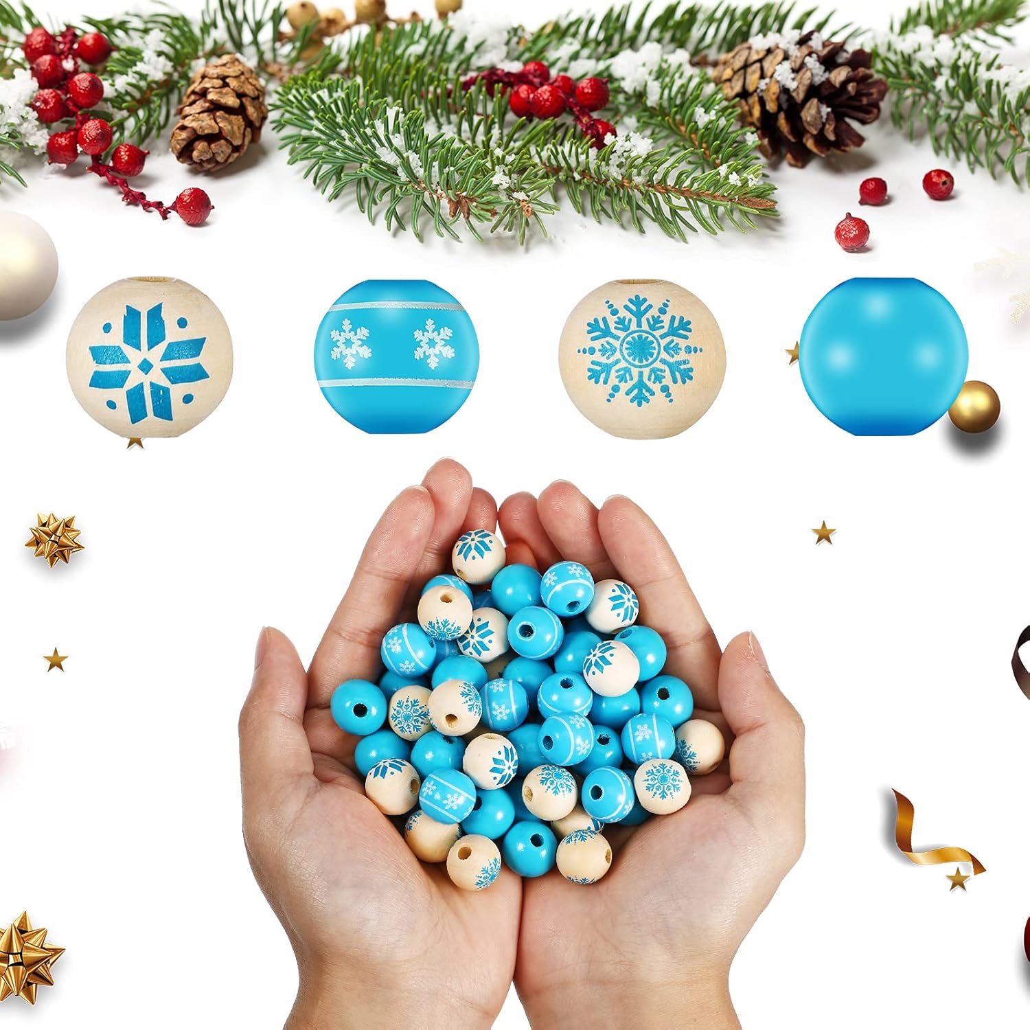 120 cuentas de madera de 0.6 pulgadas, cuentas de madera de Navidad, cuentas de madera natural, cuentas redondas de madera para manualidades con