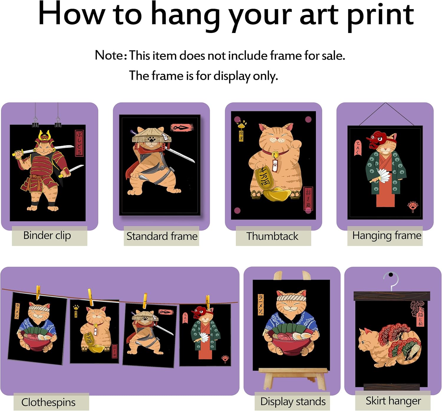 Samurai – Juego de 6 pósteres de gato japonés, decoración de pared de bushido japonés, pinturas de gato de Kung Fu, fotos divertidas de gato de