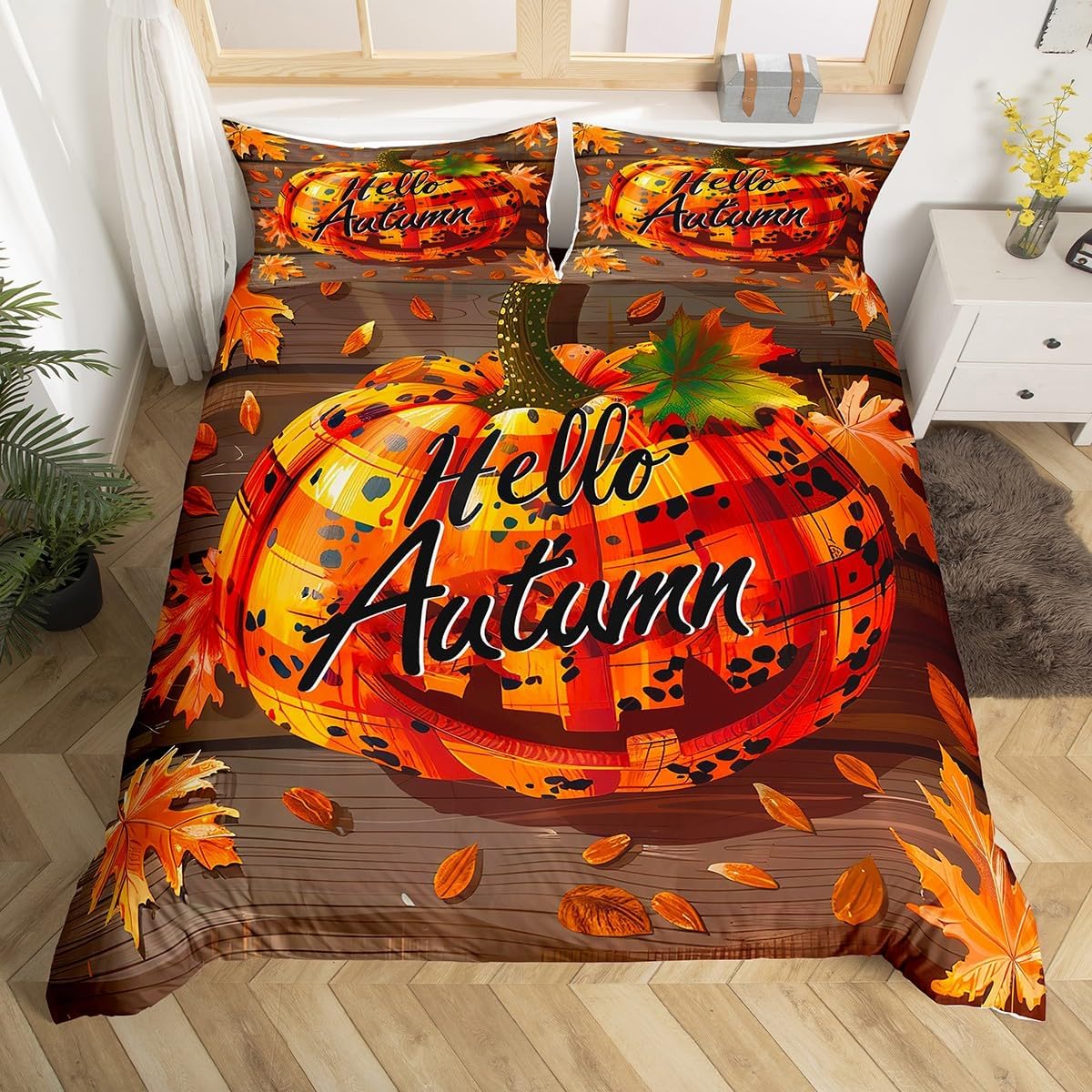 Manfei Juego de funda de edredón de calabaza de otoño, tamaño matrimonial, funda de edredón de calabaza leopardo a cuadros con 2 fundas de almohada,