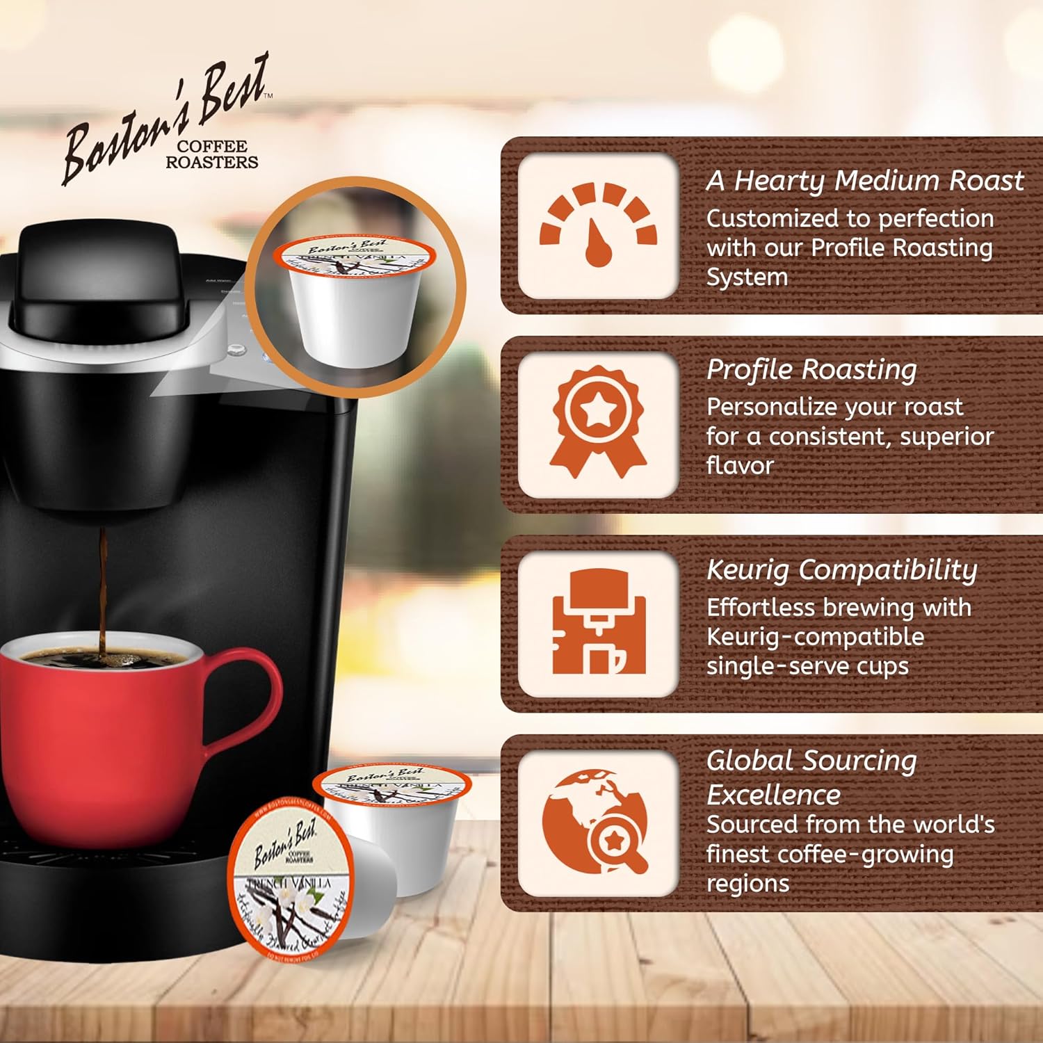 Boston’s Best Café gourmet  Café con sabor a vainilla francesa  tostado medio  Cápsulas de café de una sola porción, compatible con cafeteras Keurig