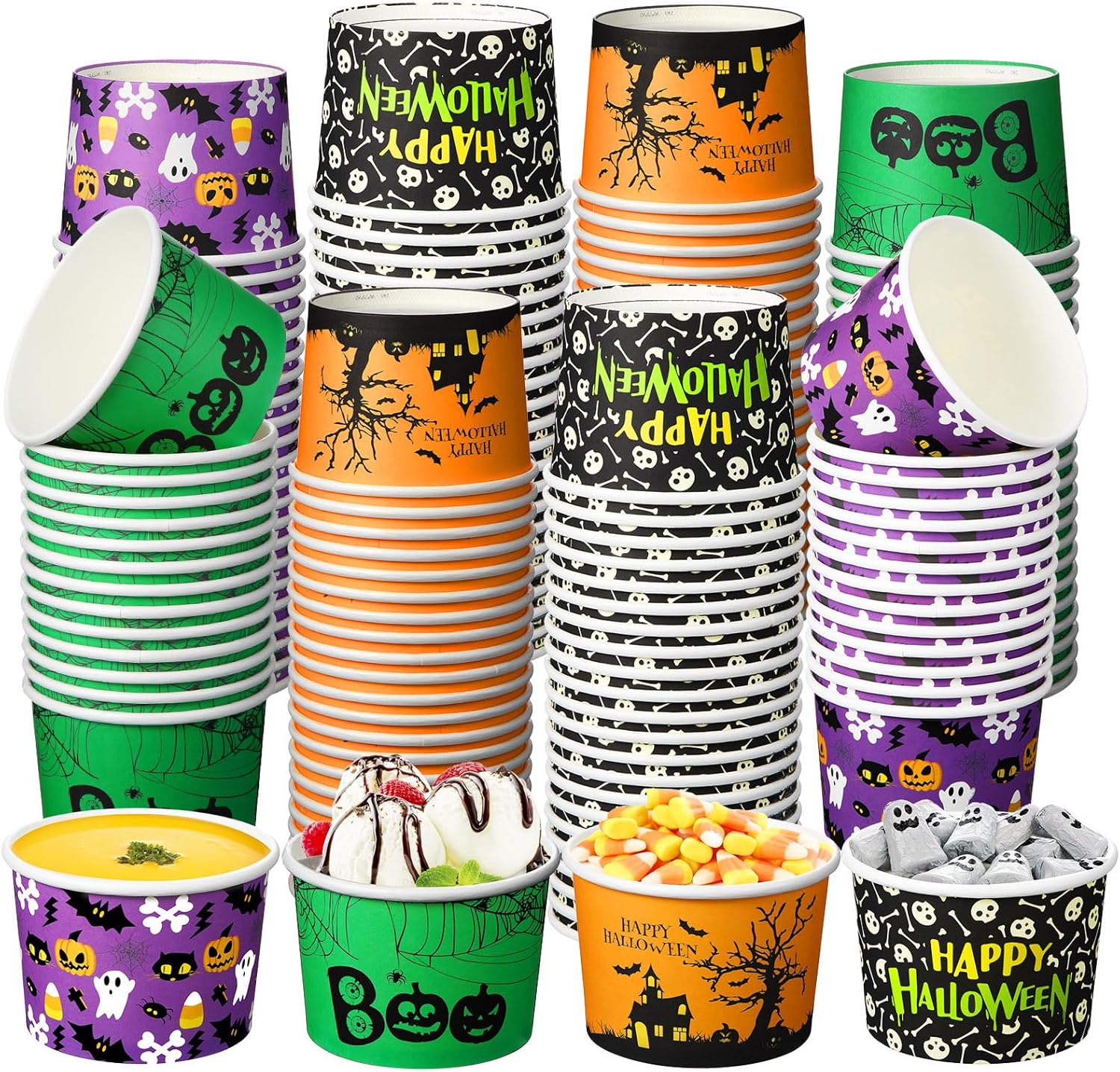 Hsei Paquete de 120 tazas de aperitivos de Halloween de 9 onzas, tazas de helado de Halloween, cuencos de papel de calabaza fantasma para dulce o