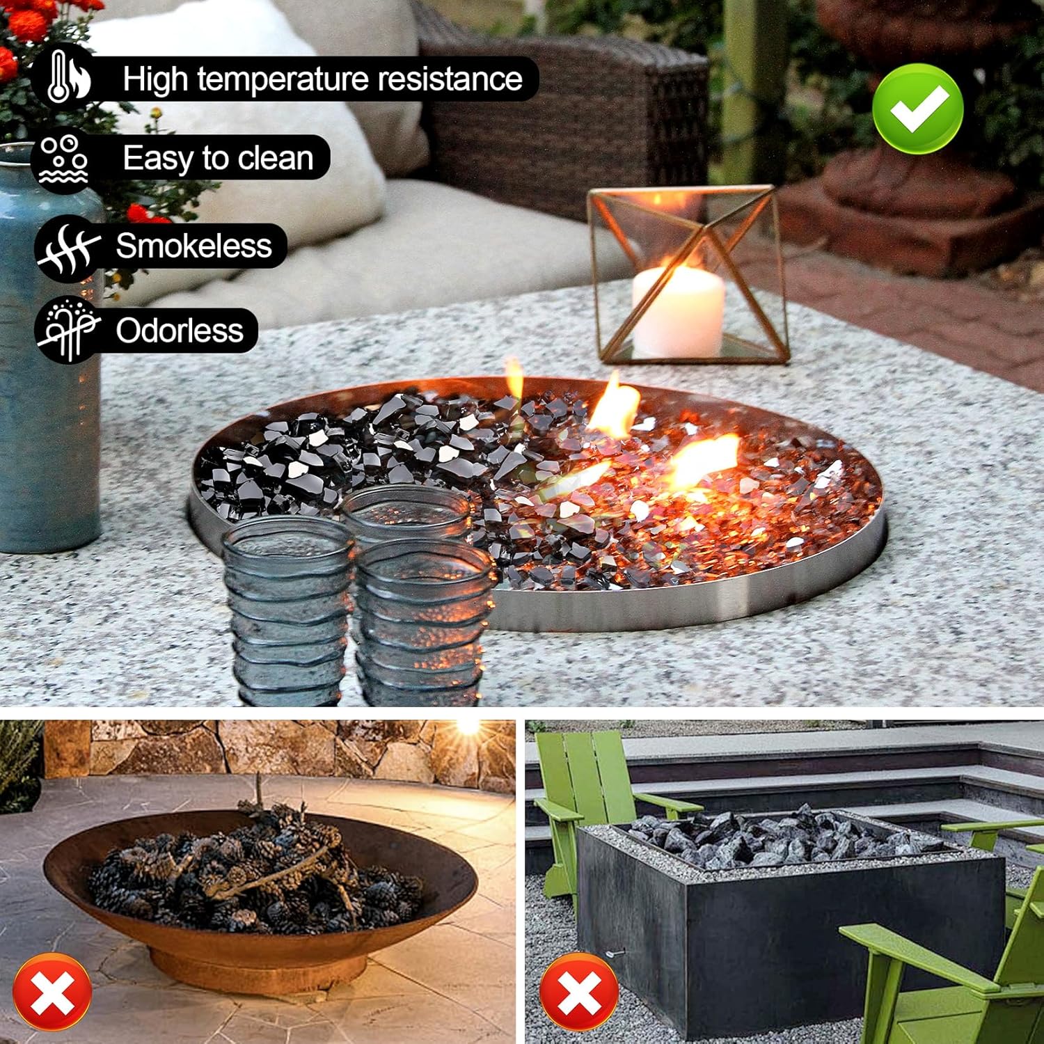 GasSaf Vidrio ignífugo de 12 pulgada de vidrio templado reflectante cortado de fibra de vidrio triturado para hoguera, chimenea, reemplaza troncos