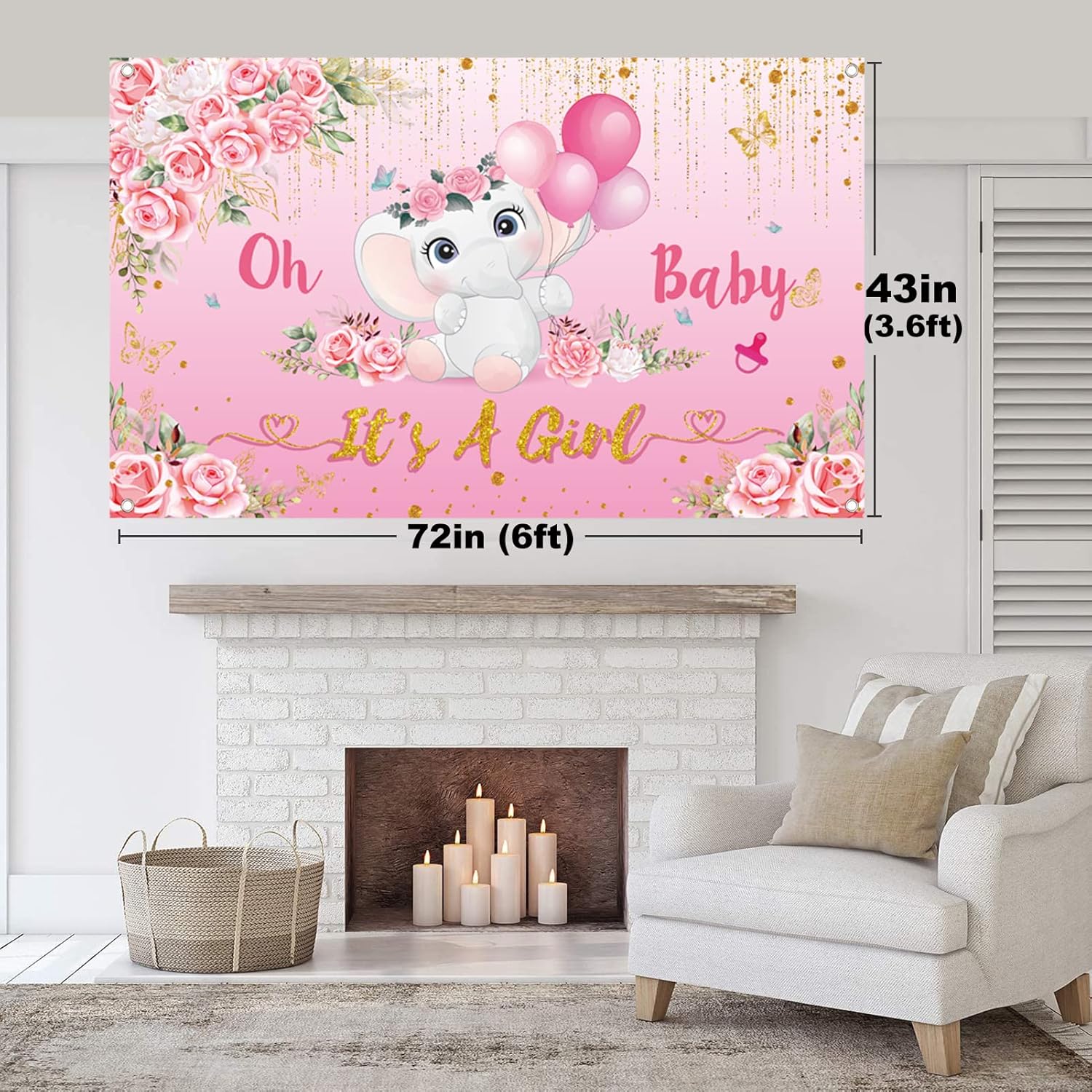 Cartel de fondo de baby shower para niña, decoraciones de baby shower para niña, pancarta de “It’s A Girl”, decoraciones de elefante para baby