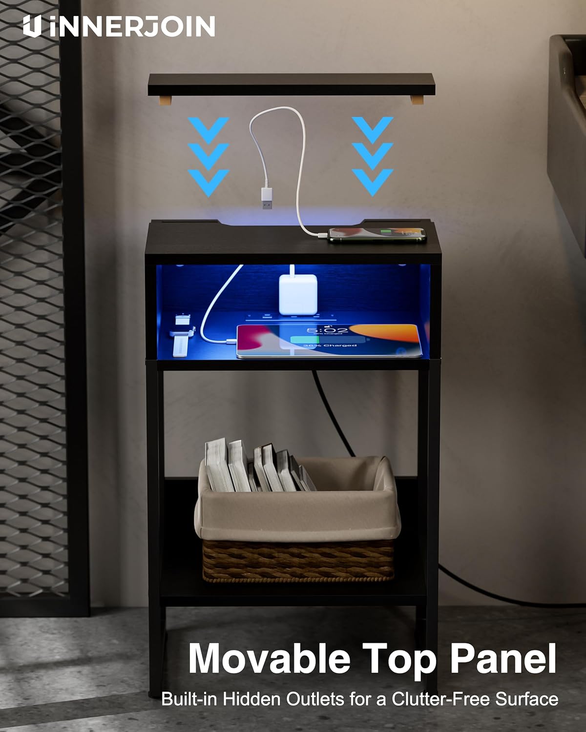 Innerjoin Mesa auxiliar con estación de carga puertos USB A y C, mesita de noche LED con compartimento de almacenamiento, mesa auxiliar de cama con