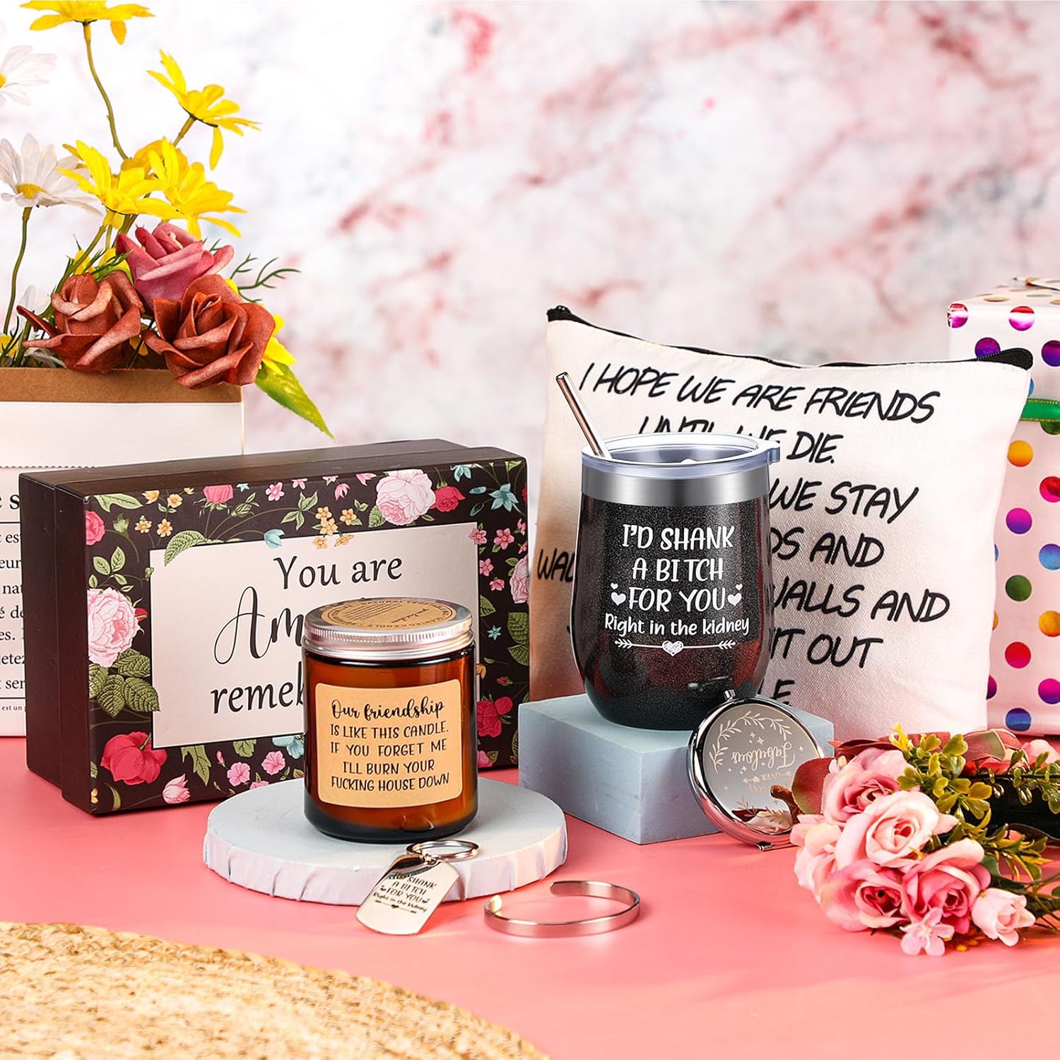 Cunhill 6 piezas de regalos de cumpleaños para el día de San Valentín, regalos de amistad para mujeres, amigas, mujeres, vasos con pajilla, velas