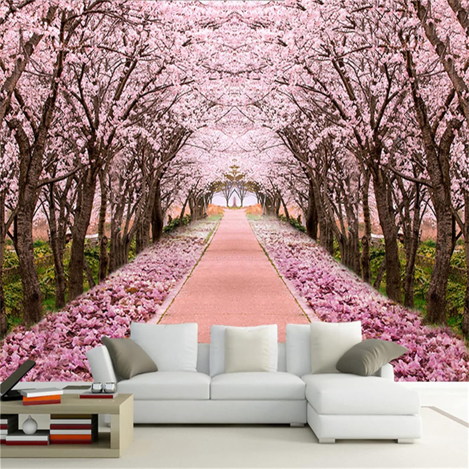 Murales de pared románticos 3D de cerezo en flor, papel tapiz de camino de flores de parque, calcomanías de pared antideformación, llamativas