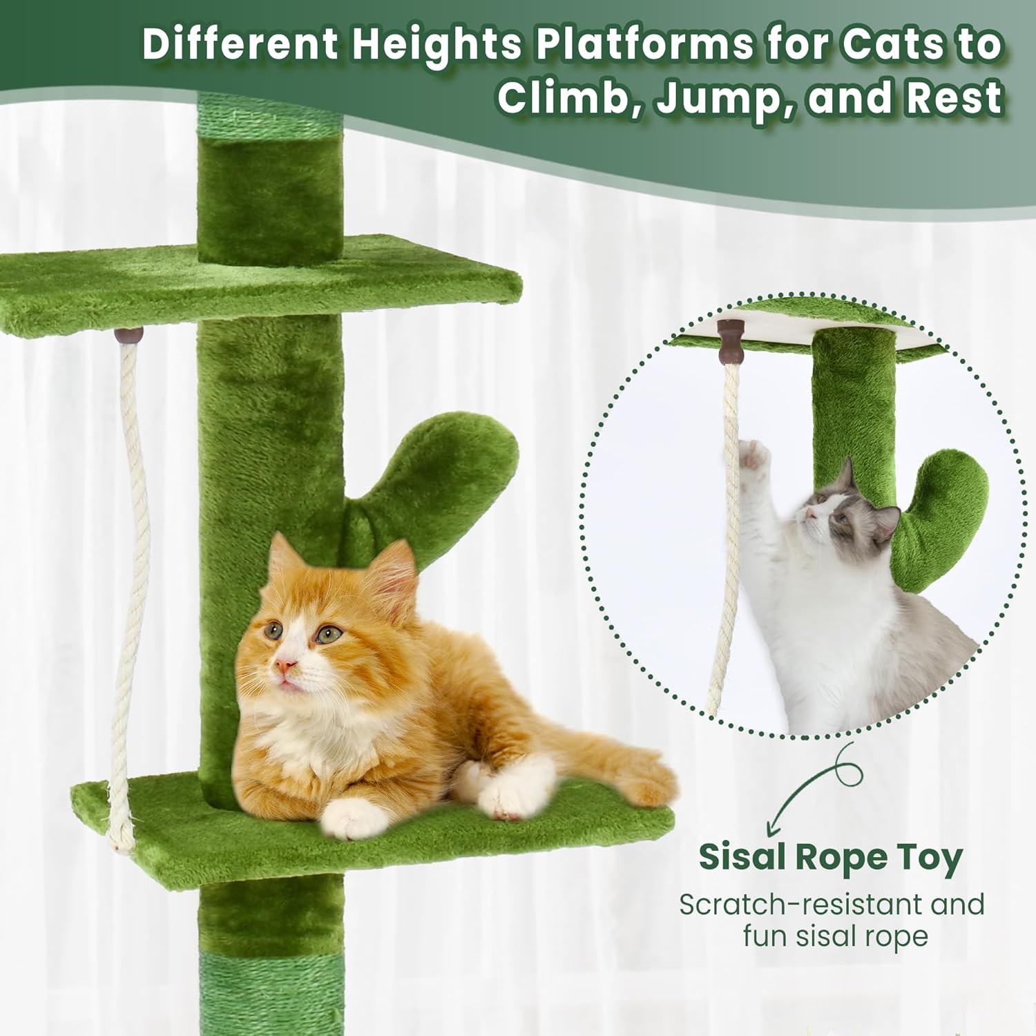 Árbol para gatos, árbol de cactus de 5 niveles para gatos del piso al techo, torre para gatos con hamaca acogedora, altura ajustable de 89-109