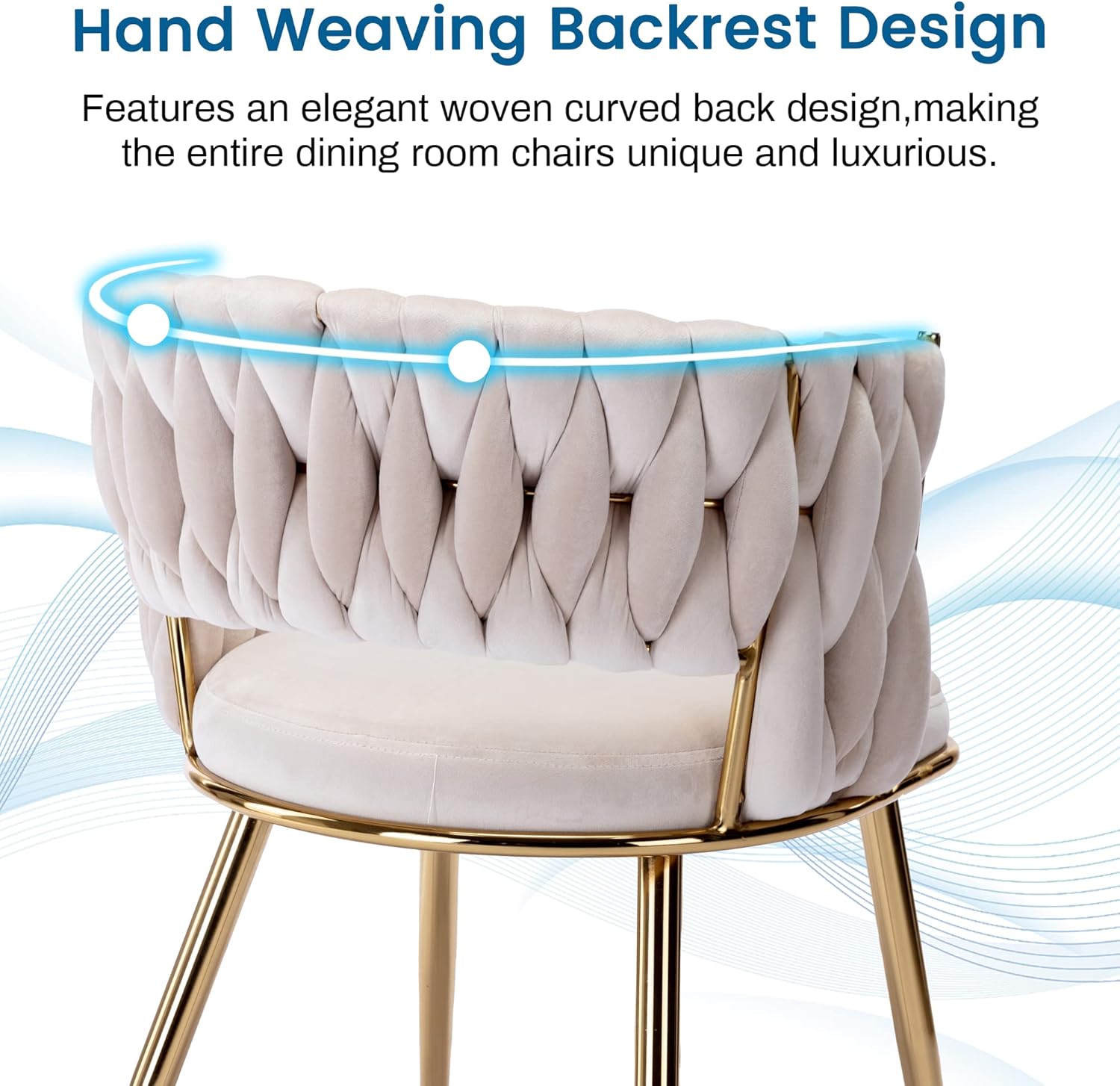 KCC Juego de 2 sillas de comedor modernas de terciopelo, sillas tapizadas para sala de estar con respaldo tejido y patas de metal dorado, silla