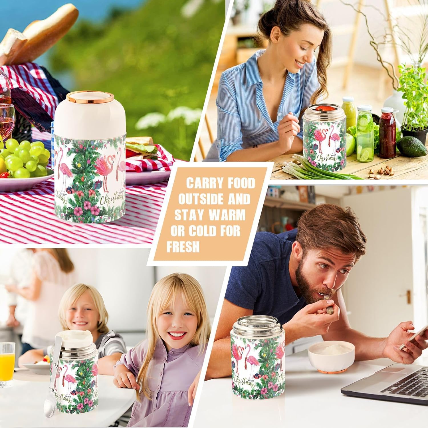 Christmas Leaves Flamingo Food Jar with Spoon Stainless Steel Vacuum Insulated Food Container 17 oz Food Thermos for Lunch