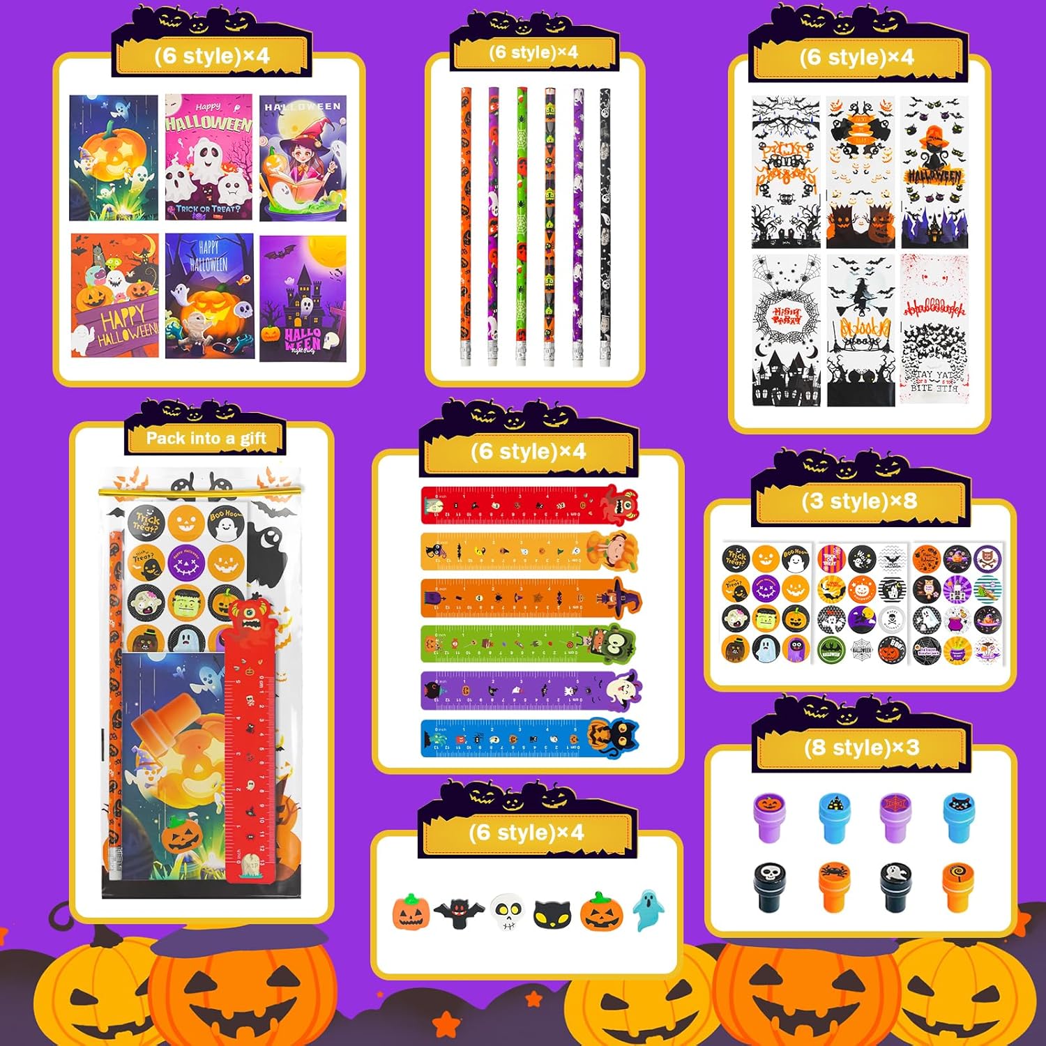 Juego de regalo de papelería de Halloween de 168 piezas, temática de Halloween para recuerdos de fiesta y premios, relleno de bolsas de golosinas de