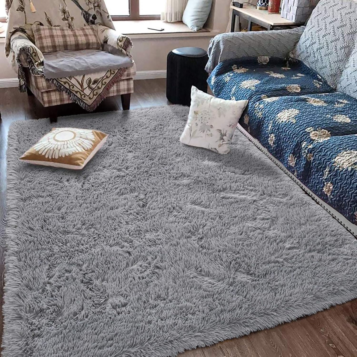Alfombras grises ultrasuaves para dormitorio, de 7 x 10 pies, alfombras peludas para sala de estar, alfombra peluda grande y cómoda para niños,