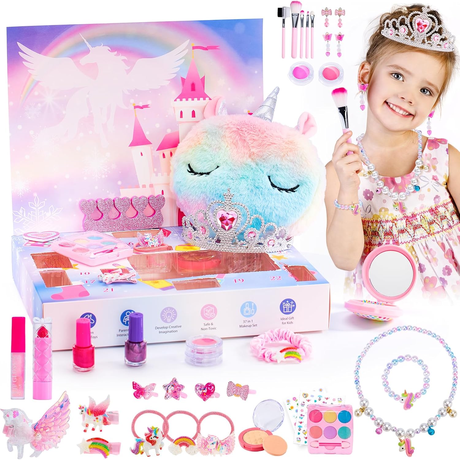Calendario de Adviento de maquillaje 2023 para niñas, joyería de 24 días, maquillaje de unicornio, calendario de cuenta regresiva de Navidad, juego