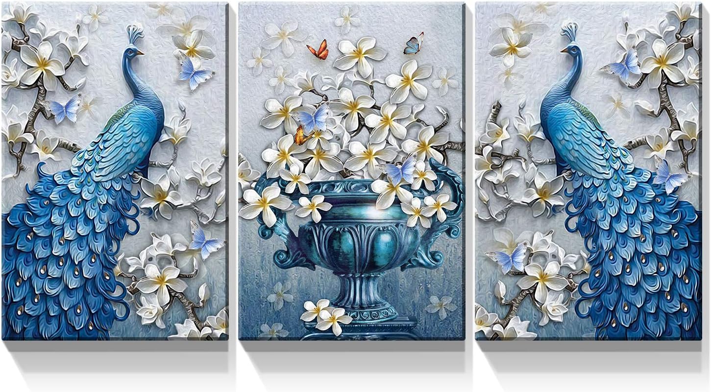 Denozer – 3 paneles de cuadros de arte de pared en lienzo de pavo real – Cuadros elegantes de flores de pavo real sobre lienzo, decoración de pared