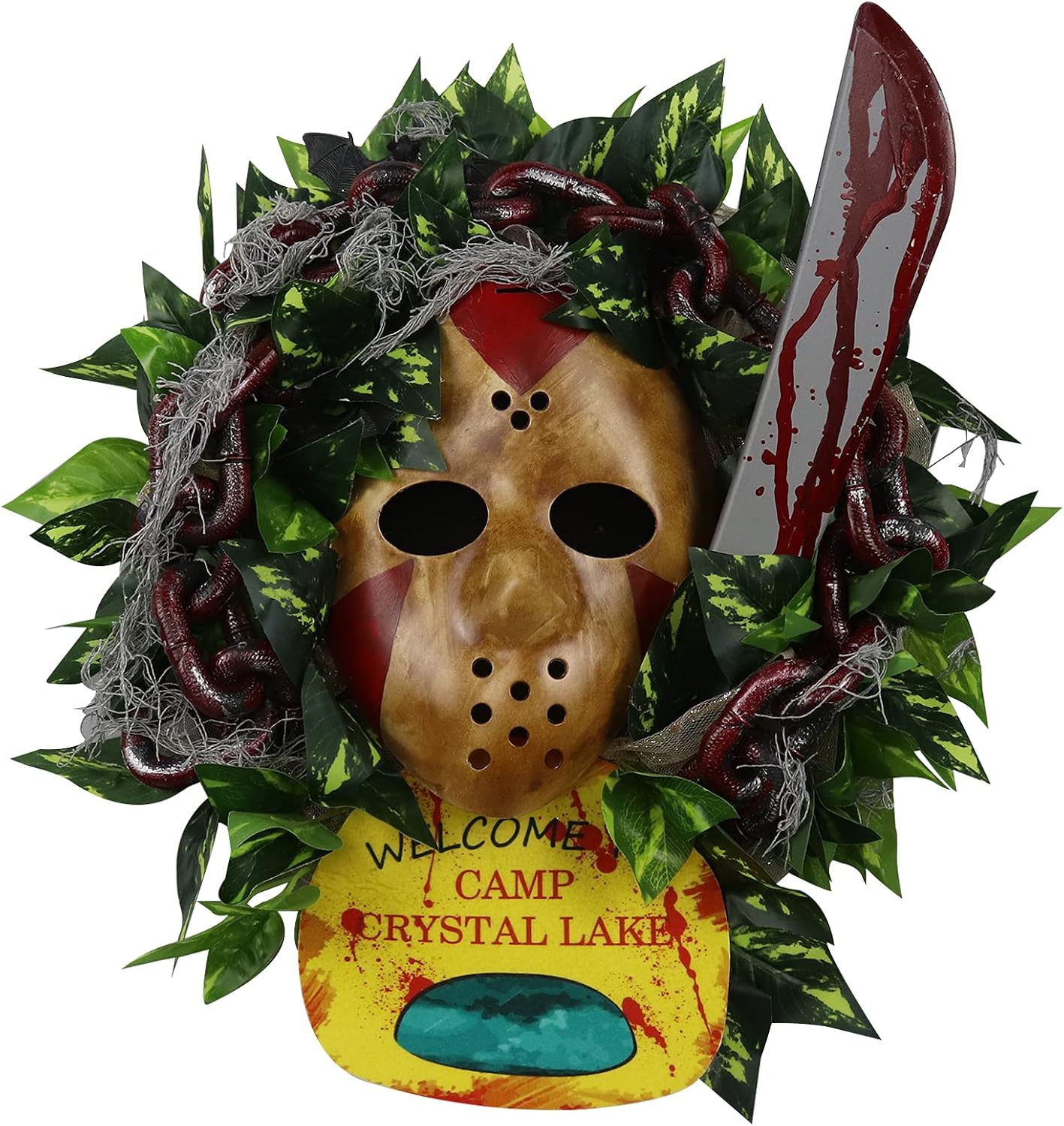 Corona de Jason de Halloween con hojas de cadena sangrientas hechas a mano, bienvenido al campamento, corona colgante para puerta delantera,