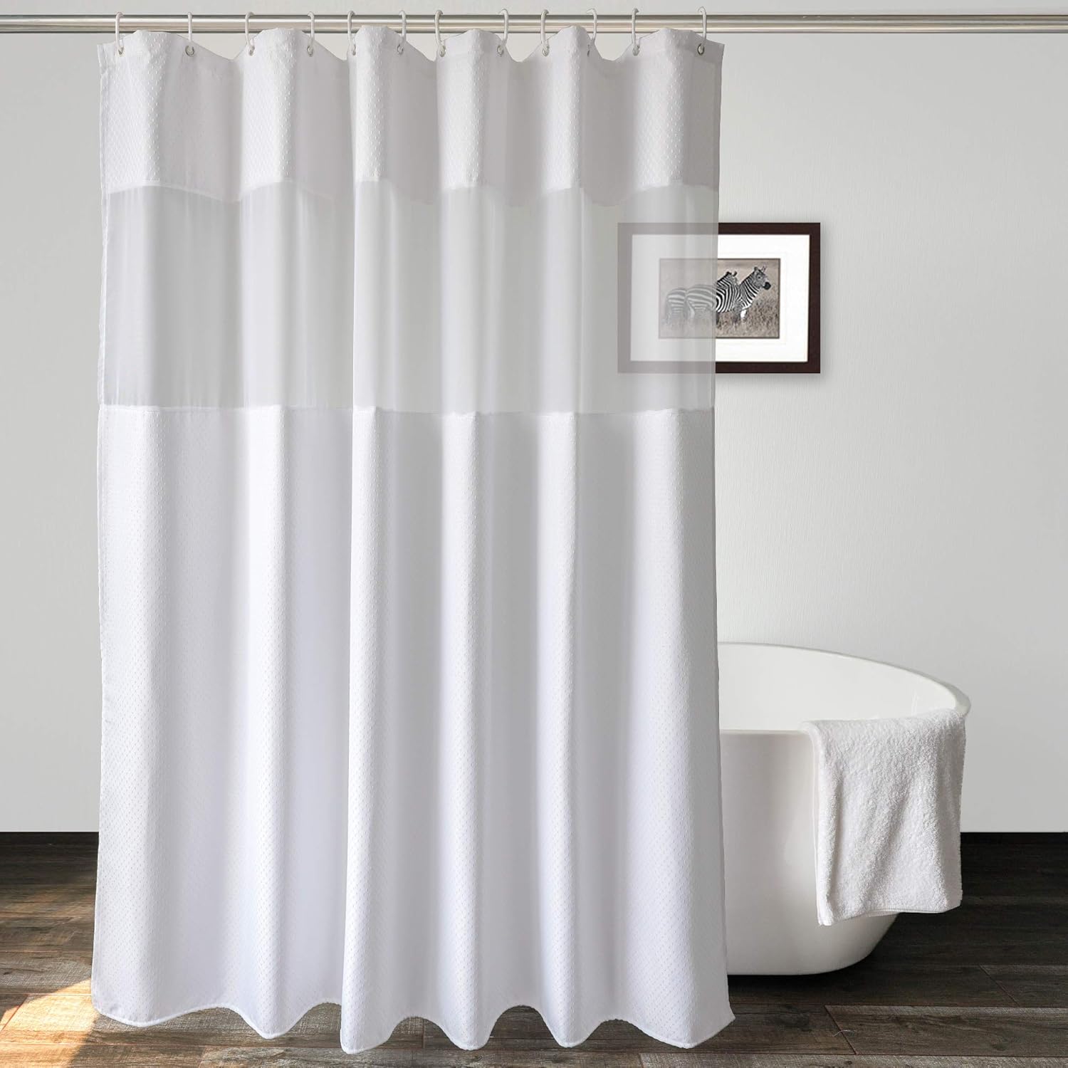 UFRIDAY Cortina de ducha de tela de punto gofre con pantalla de malla filtrante de luz, cortinas de baño blancas de hotel, 71 x 74 pulgadas