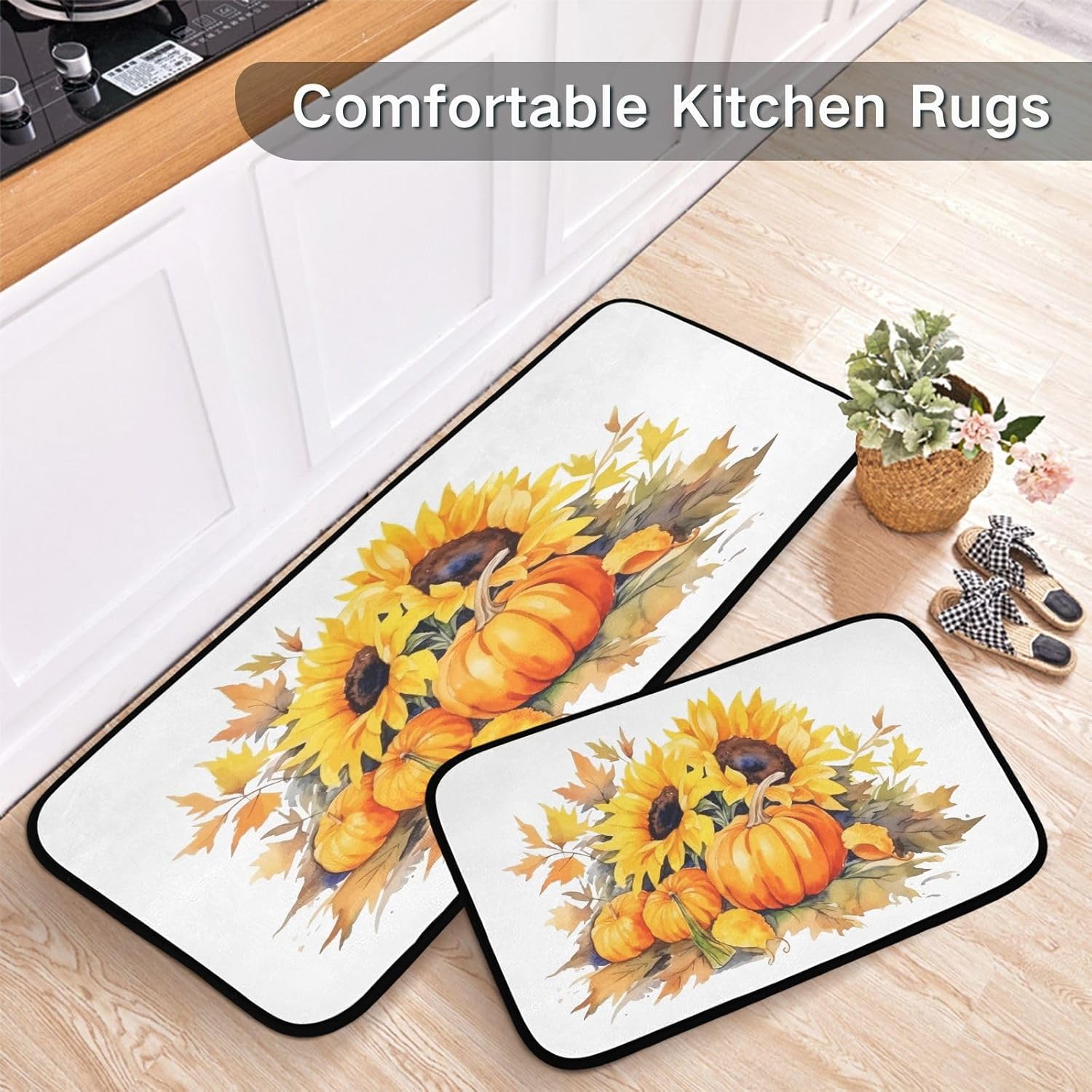 Exnundod Juego de 2 alfombras de cocina de otoño con diseño de girasoles de calabaza, girasoles, alfombra de corredor, lavable, antideslizante,