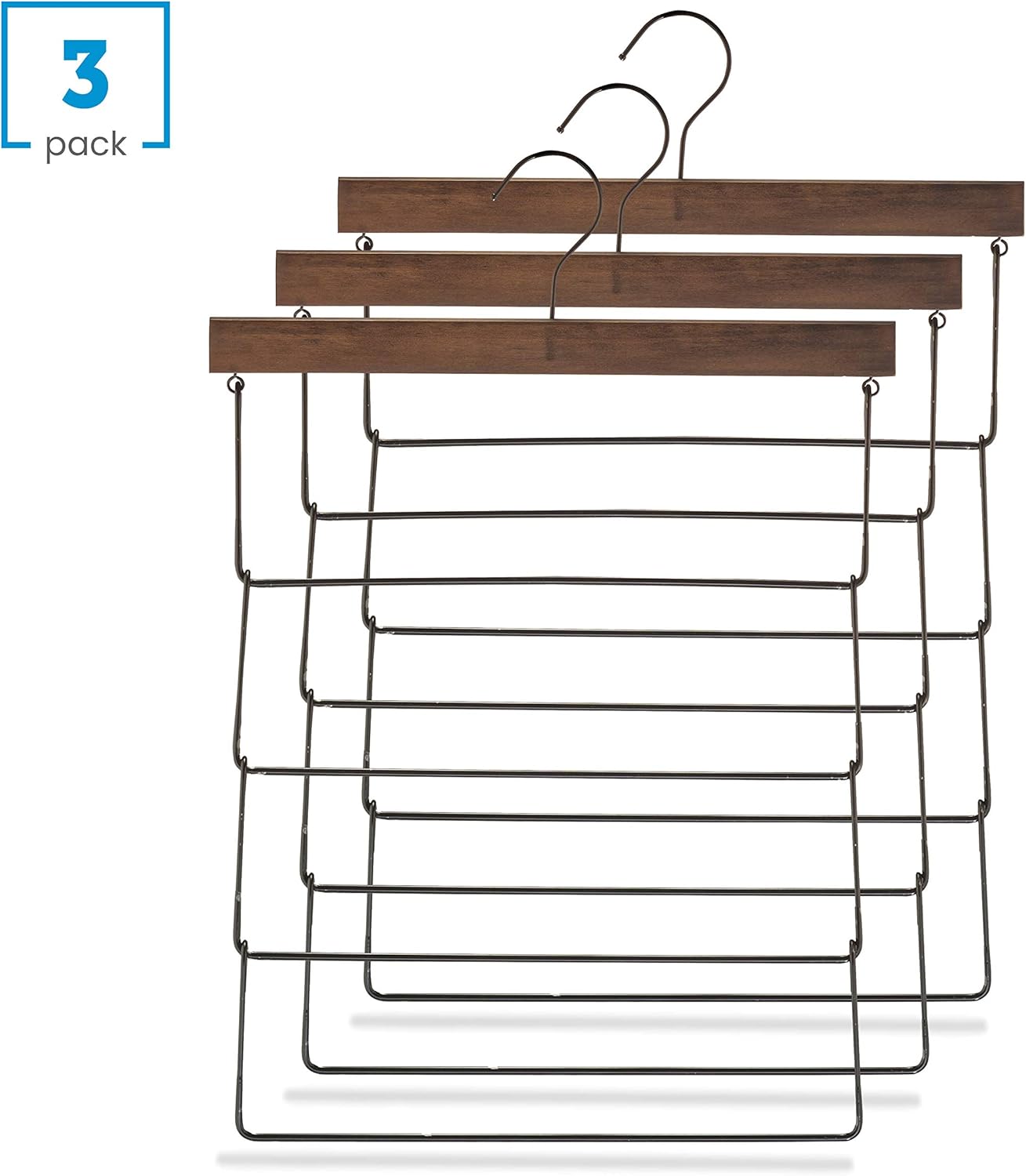 Perchas de madera de alta calidad de 4 niveles para pantalones con revestimiento de goma antideslizante (paquete de 3) Percha de múltiples capas