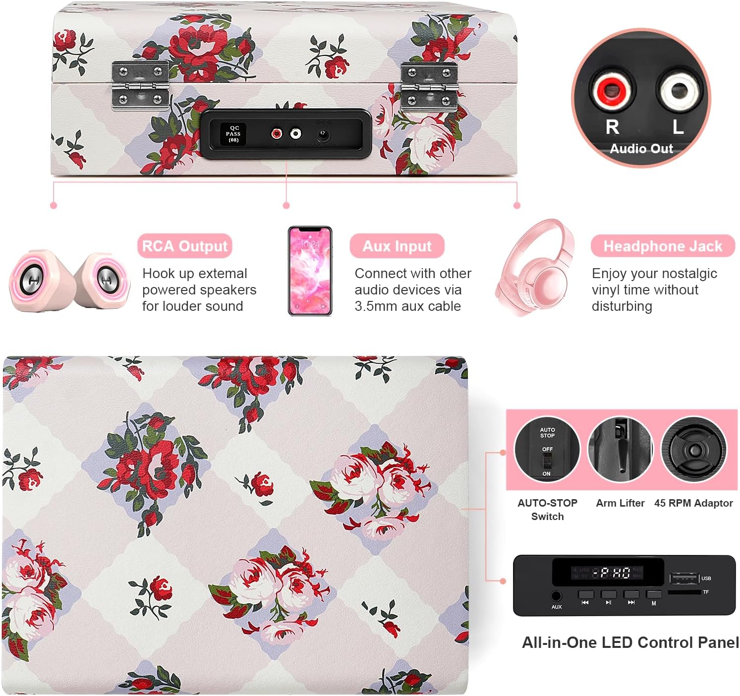 Tocadiscos vintage de 3 velocidades con altavoces integrados, reproductor de discos de vinilo Bluetooth con grabación USB, convertidor de MP3,